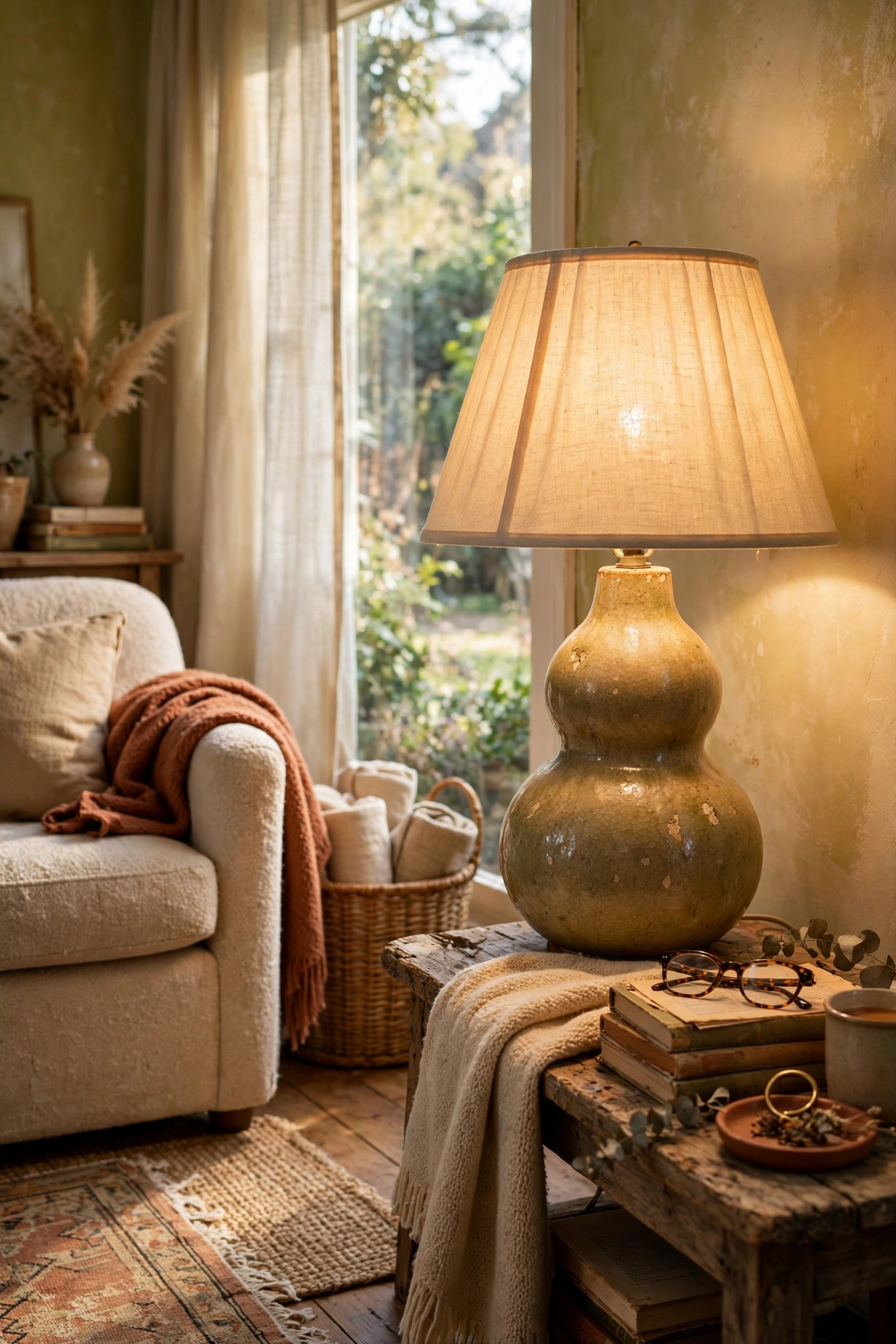 Thrifted ceramic gourd lamp base with a new linen shade in a reading corner