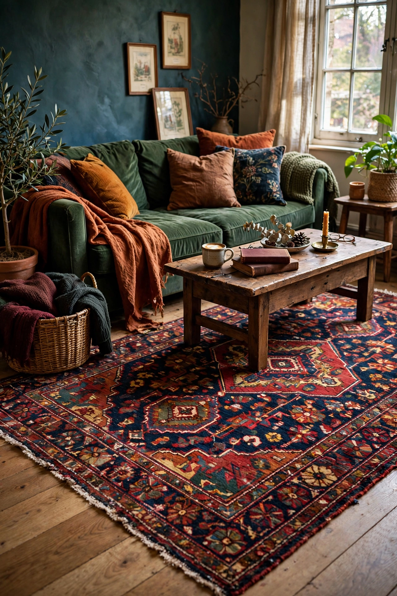 Thrifted real wool 5x7 rug with rich pattern in a living room