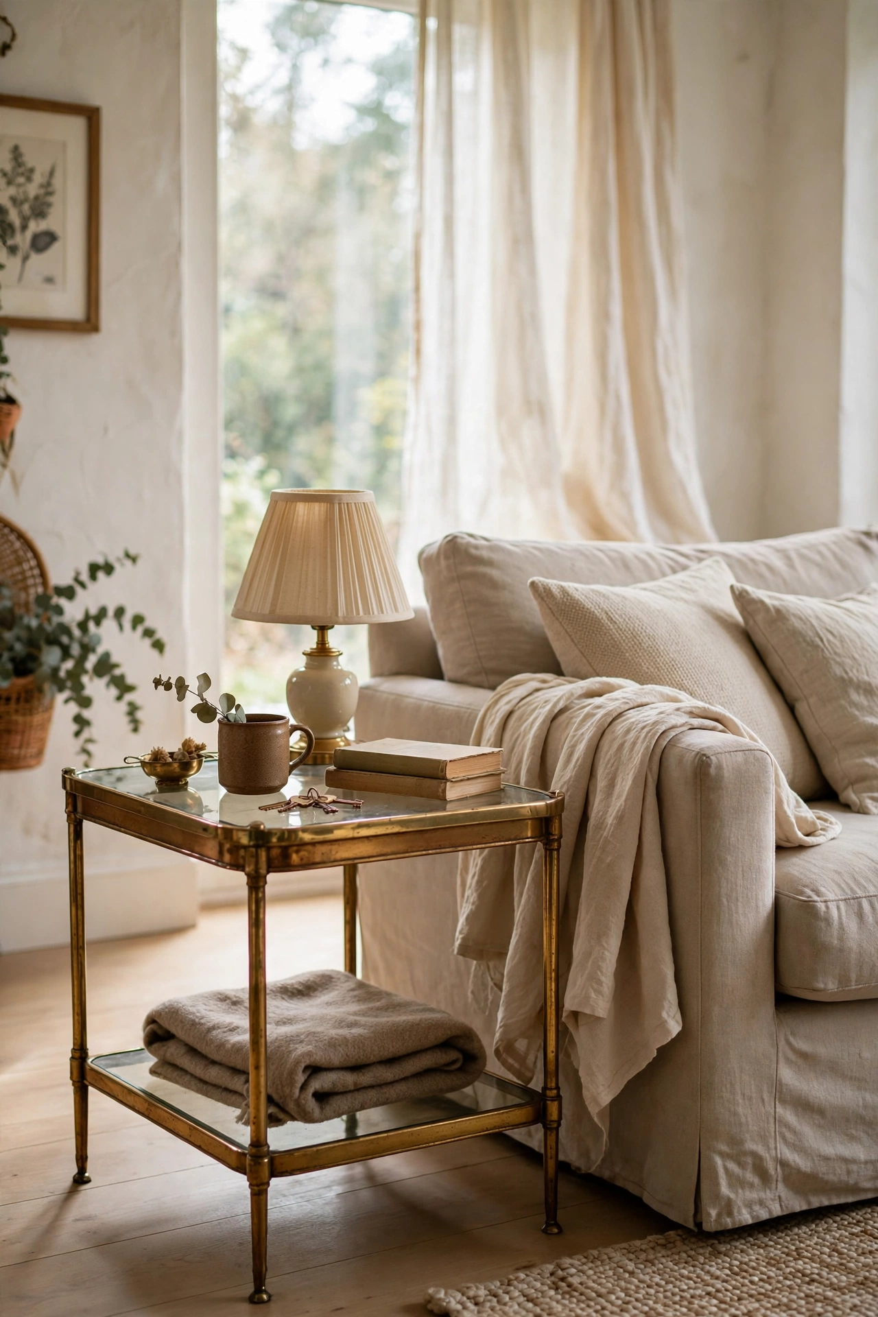 Thrifted brass and glass side table polished beside a living room sofa