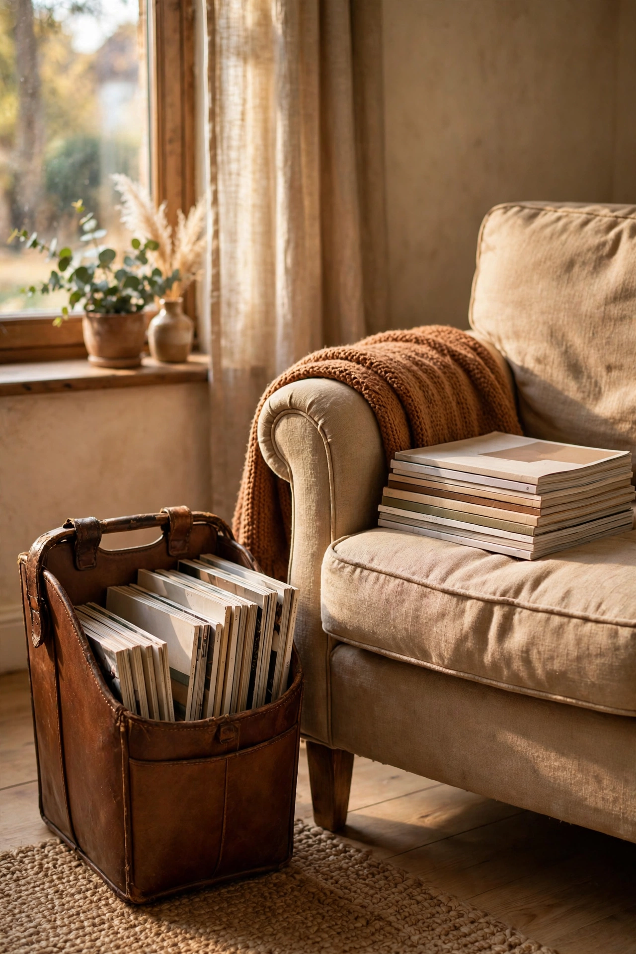 Thrifted leather magazine basket organized beside a living room armchair
