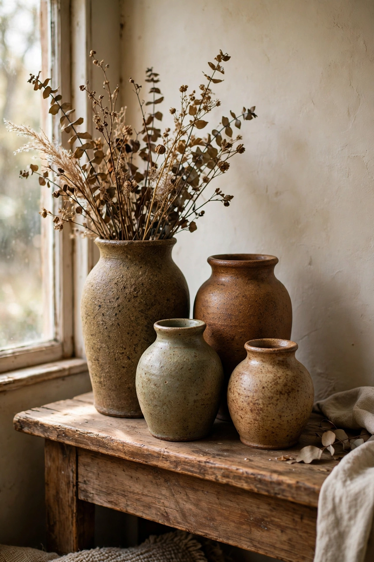 Collection of thrifted stoneware vases in earthy glazes on a mantel