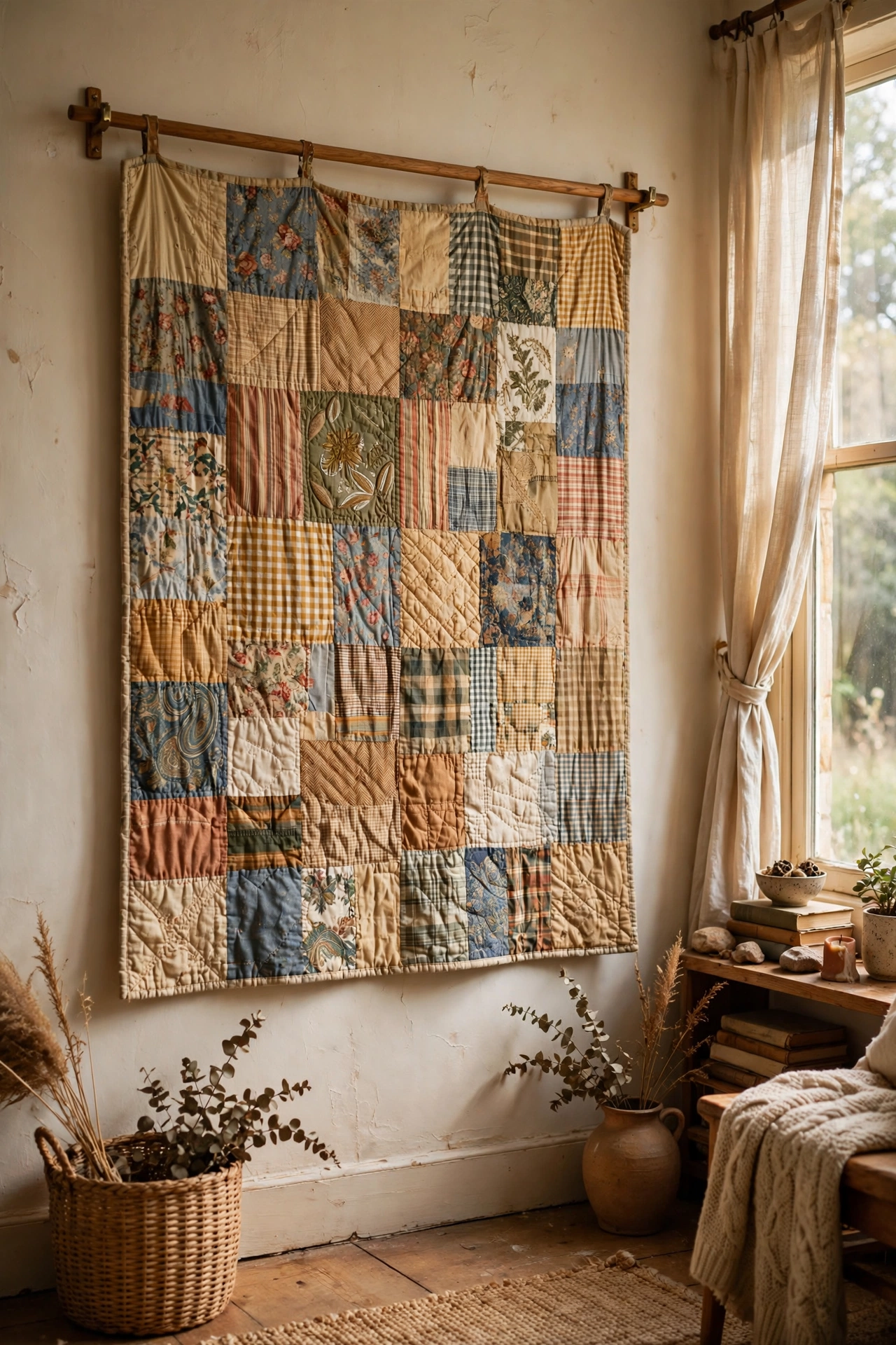 Hand-quilted thrifted quilt hung as textile wall art in a living room