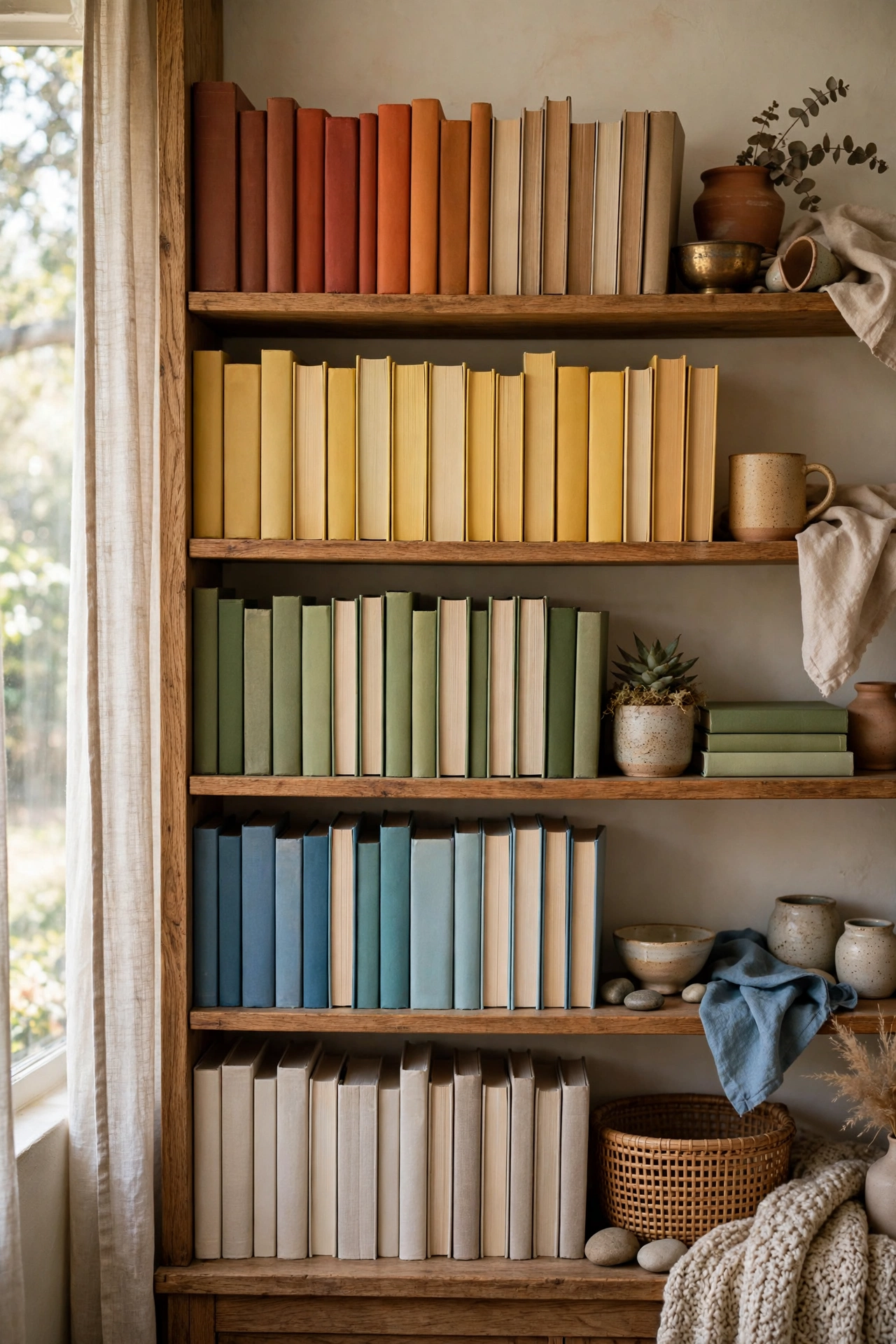 Books regrouped by color on shelves looking curated in a living room