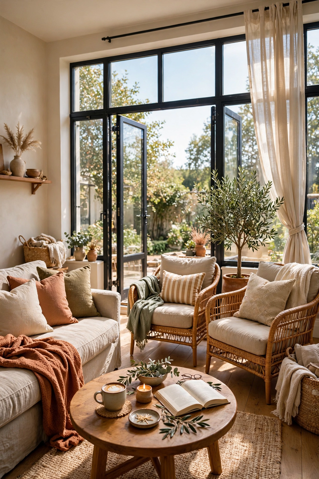 Rearranged living room furniture facing the window in a fresh layout