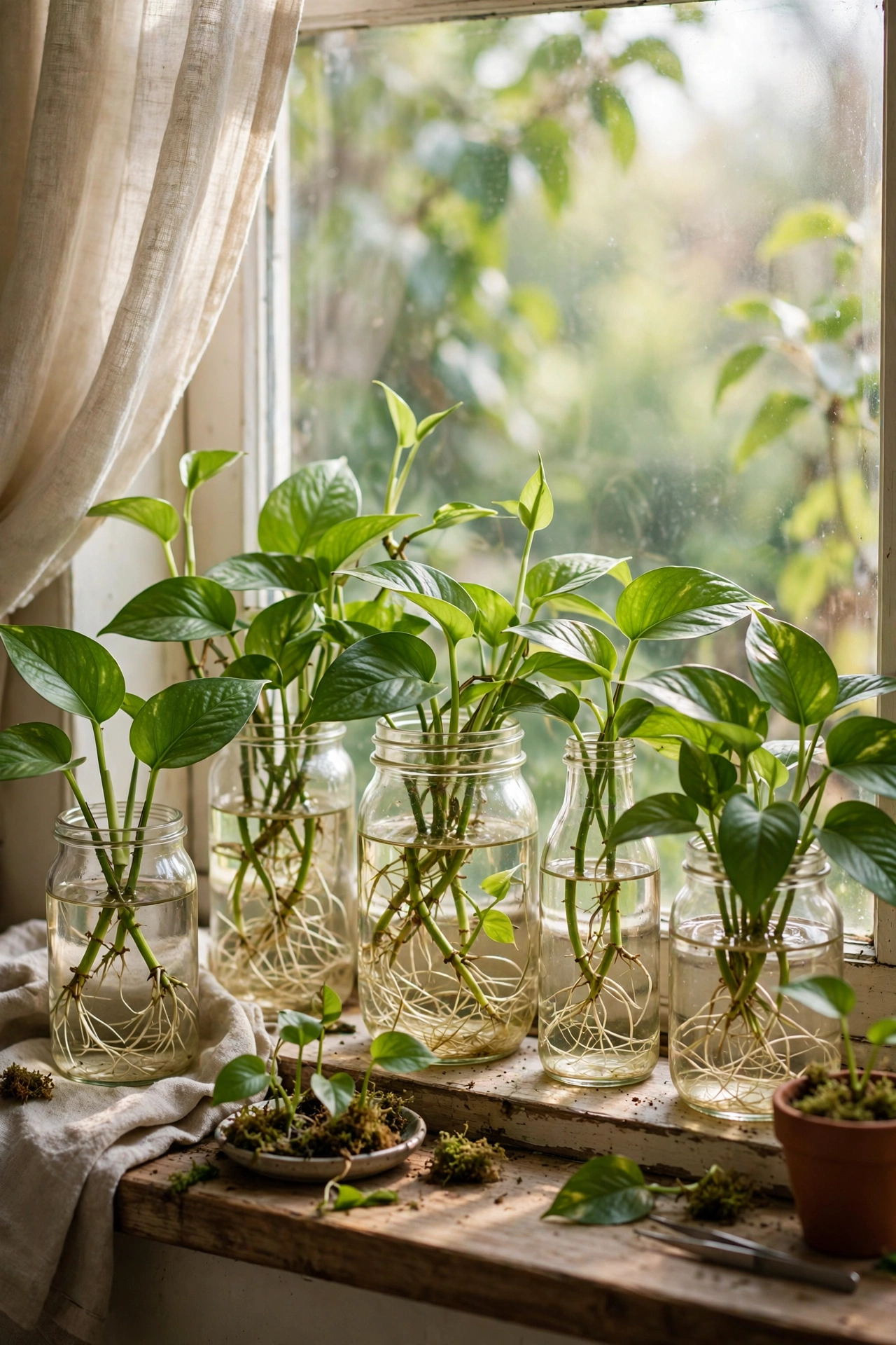 Pothos cuttings rooting in water jars on a bright windowsill