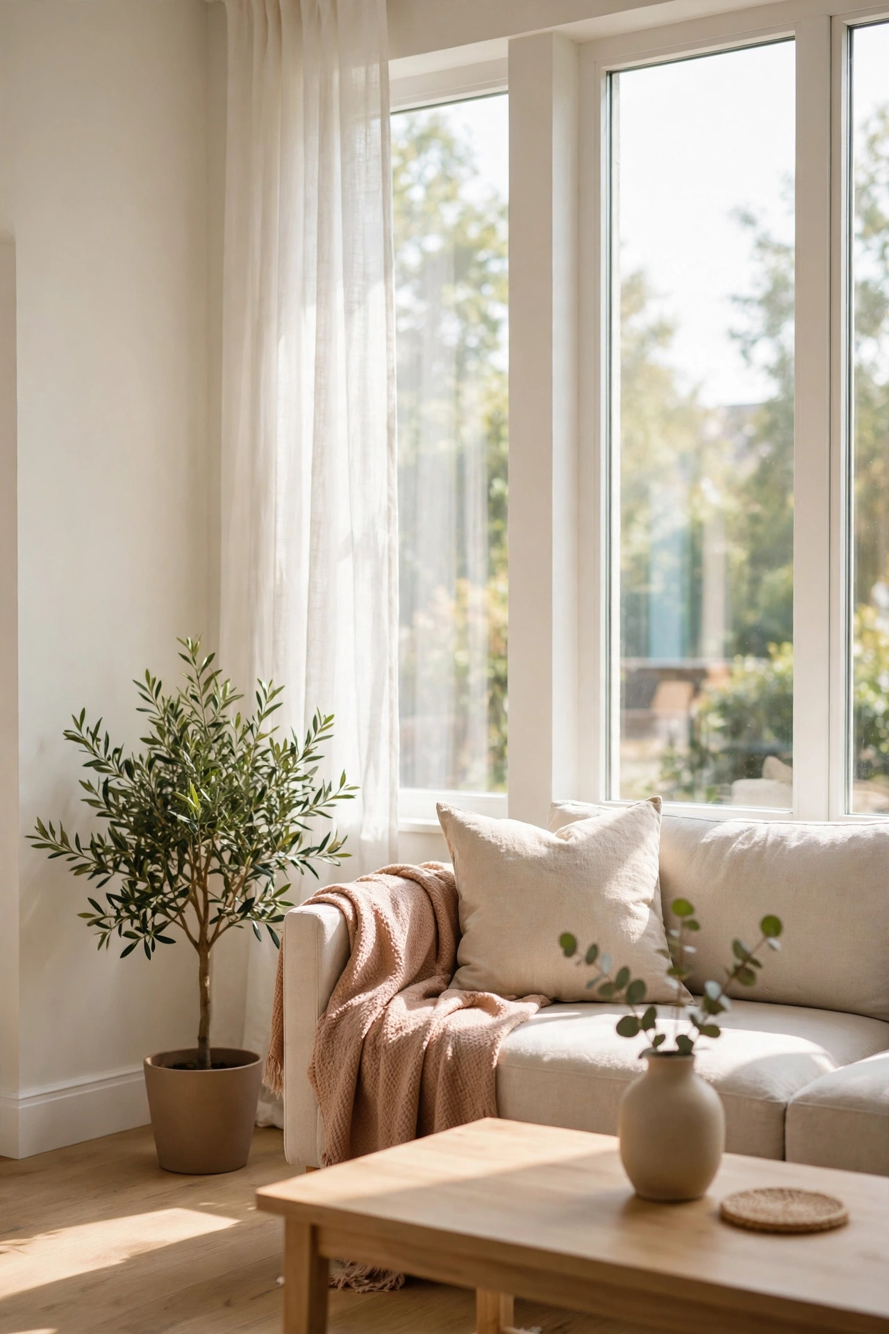 Freshly decluttered and deep-cleaned living room glowing with simplicity
