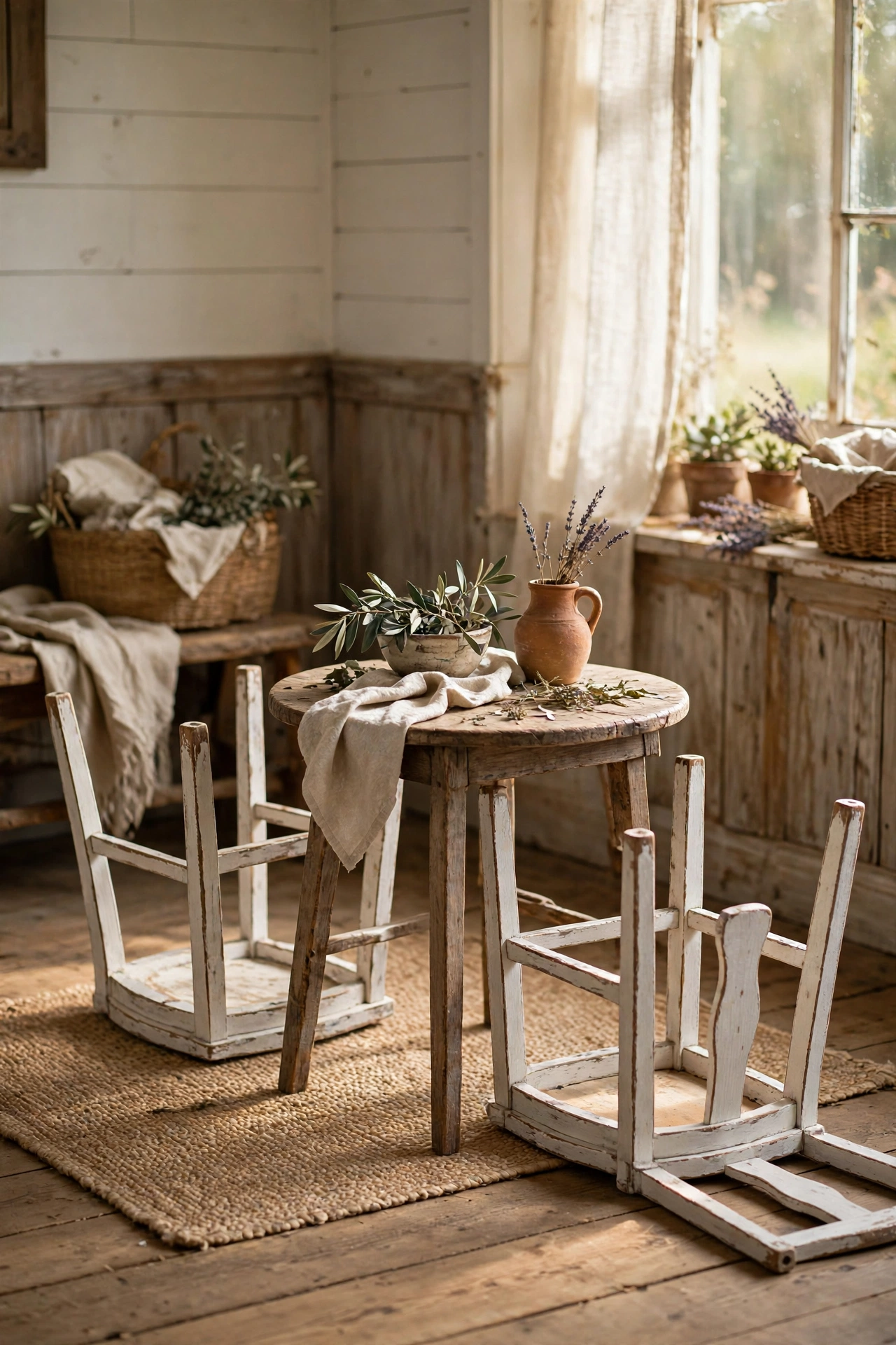 Dated oak thrifted chairs flipped with white chalk paint and distressed edges