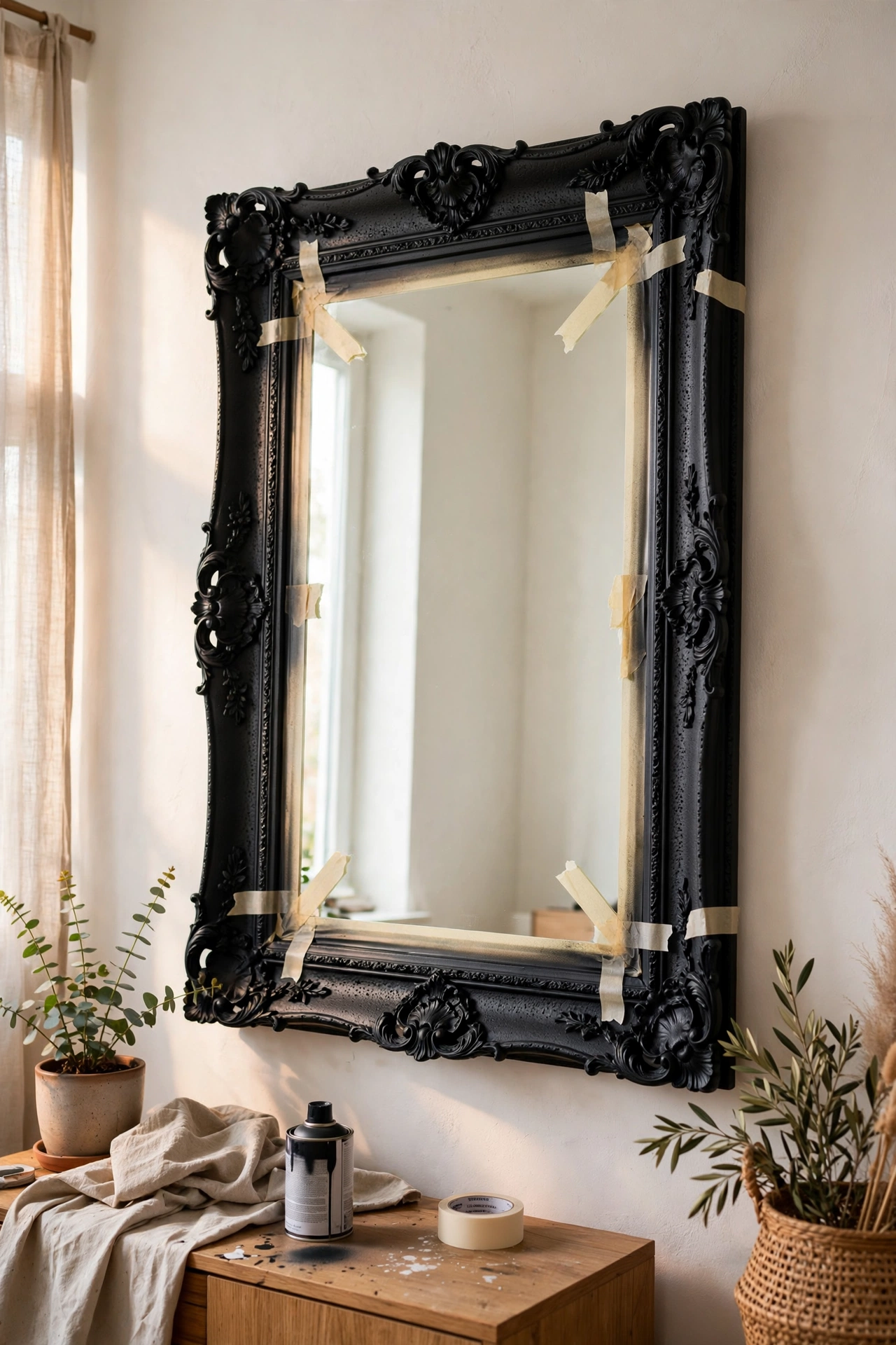 Dated gold mirror frame spray-painted matte black hanging in a living room