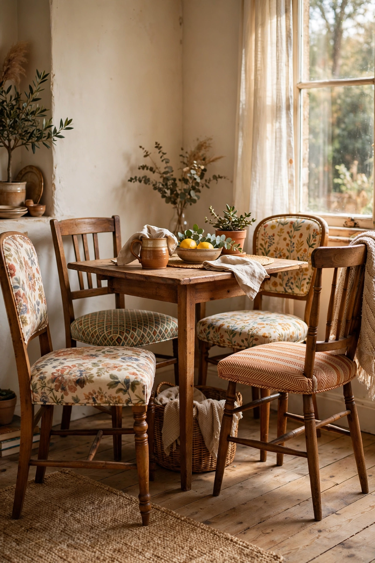 Thrifted dining chairs with seats recovered in fresh upholstery fabric