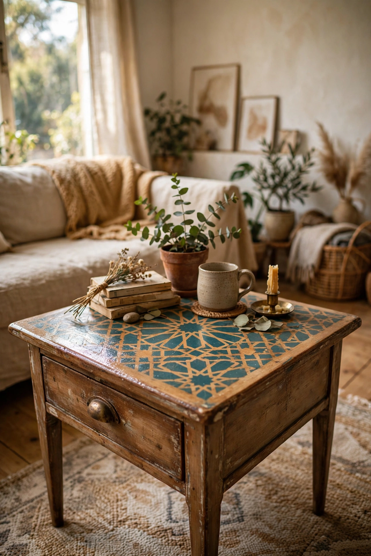 Thrifted side table with a stenciled Moroccan pattern sealed on top