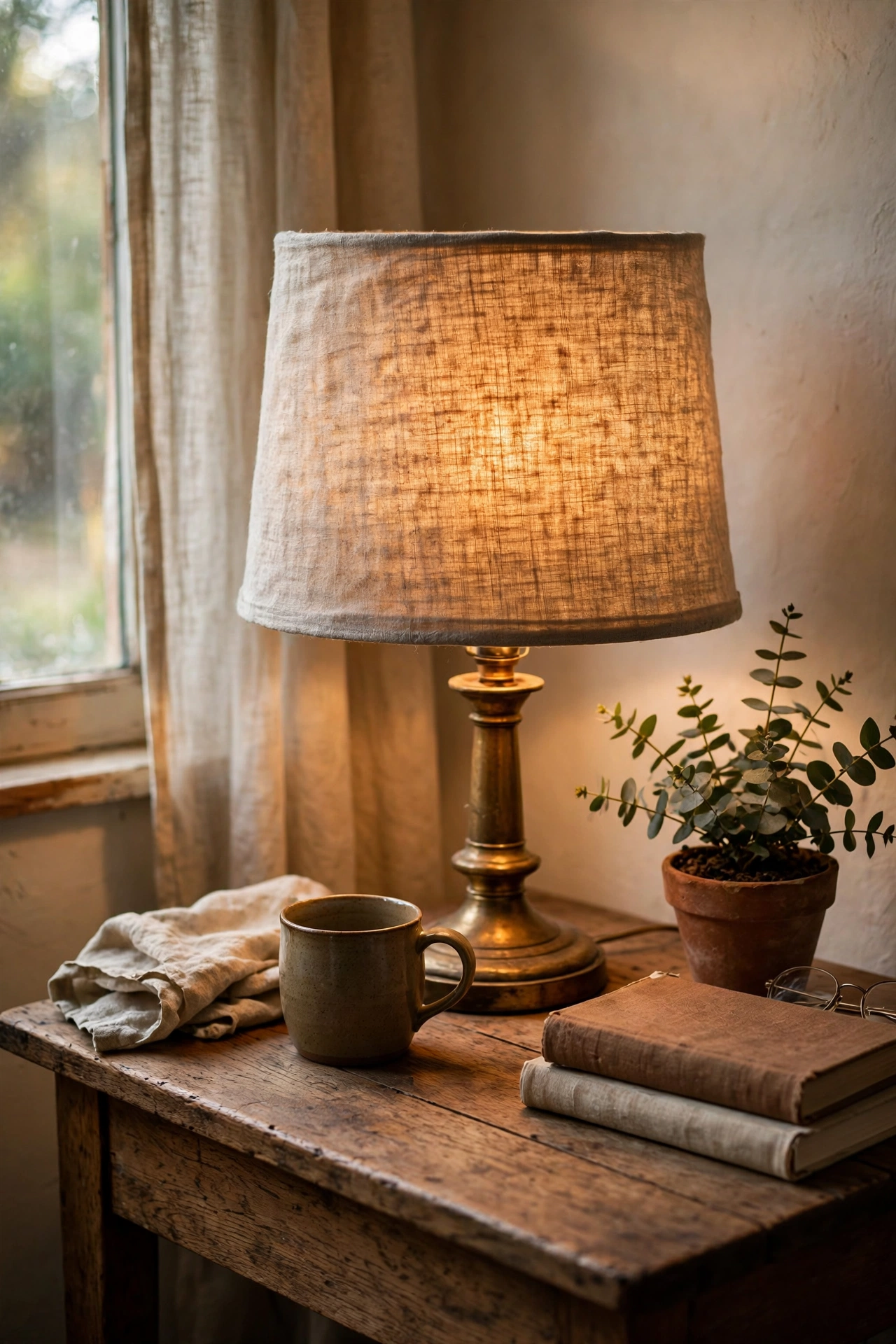 Stained lampshade wrapped in natural linen hiding flaws in a living room