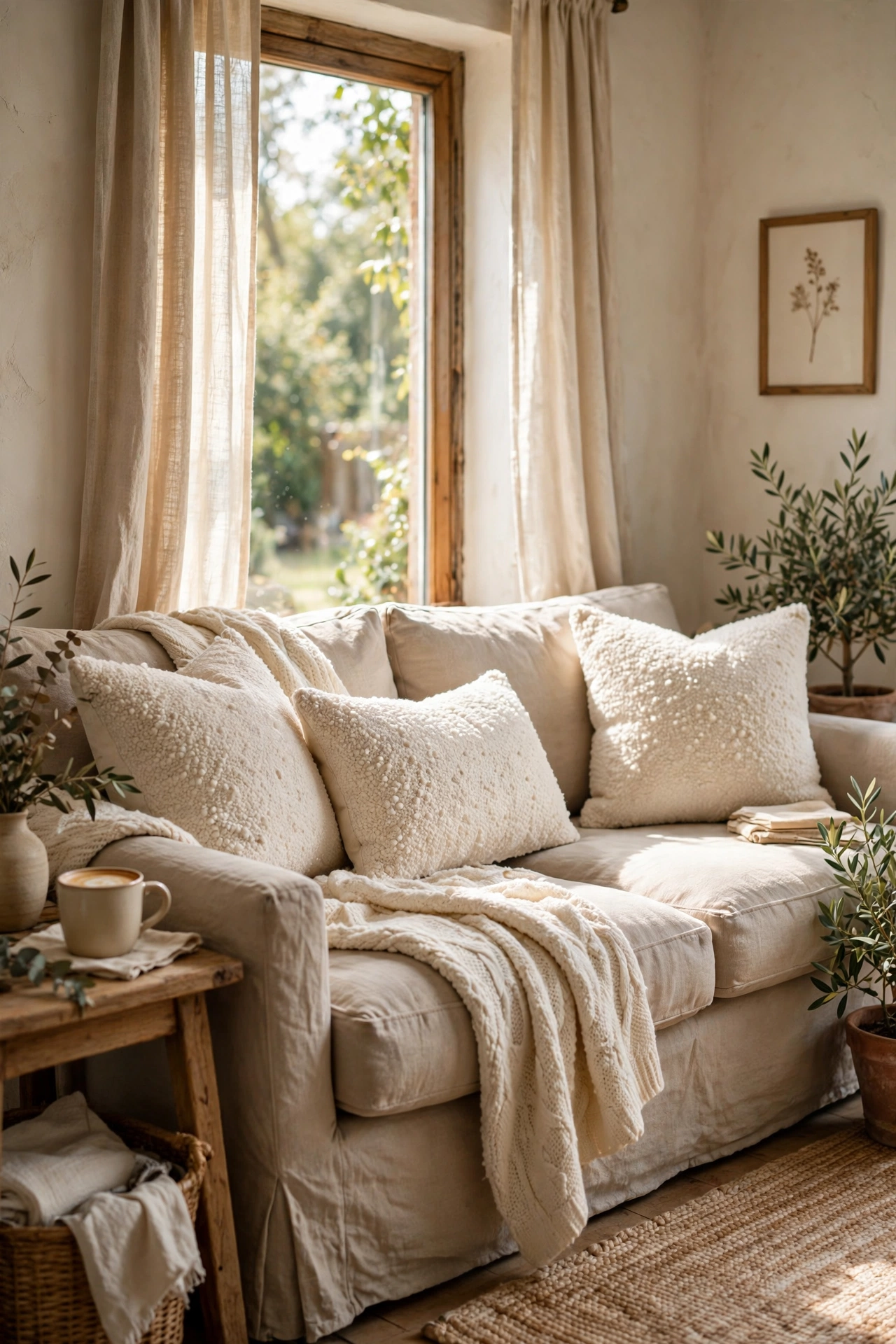 Cream boucle throw pillows with nubby texture on a neutral sofa