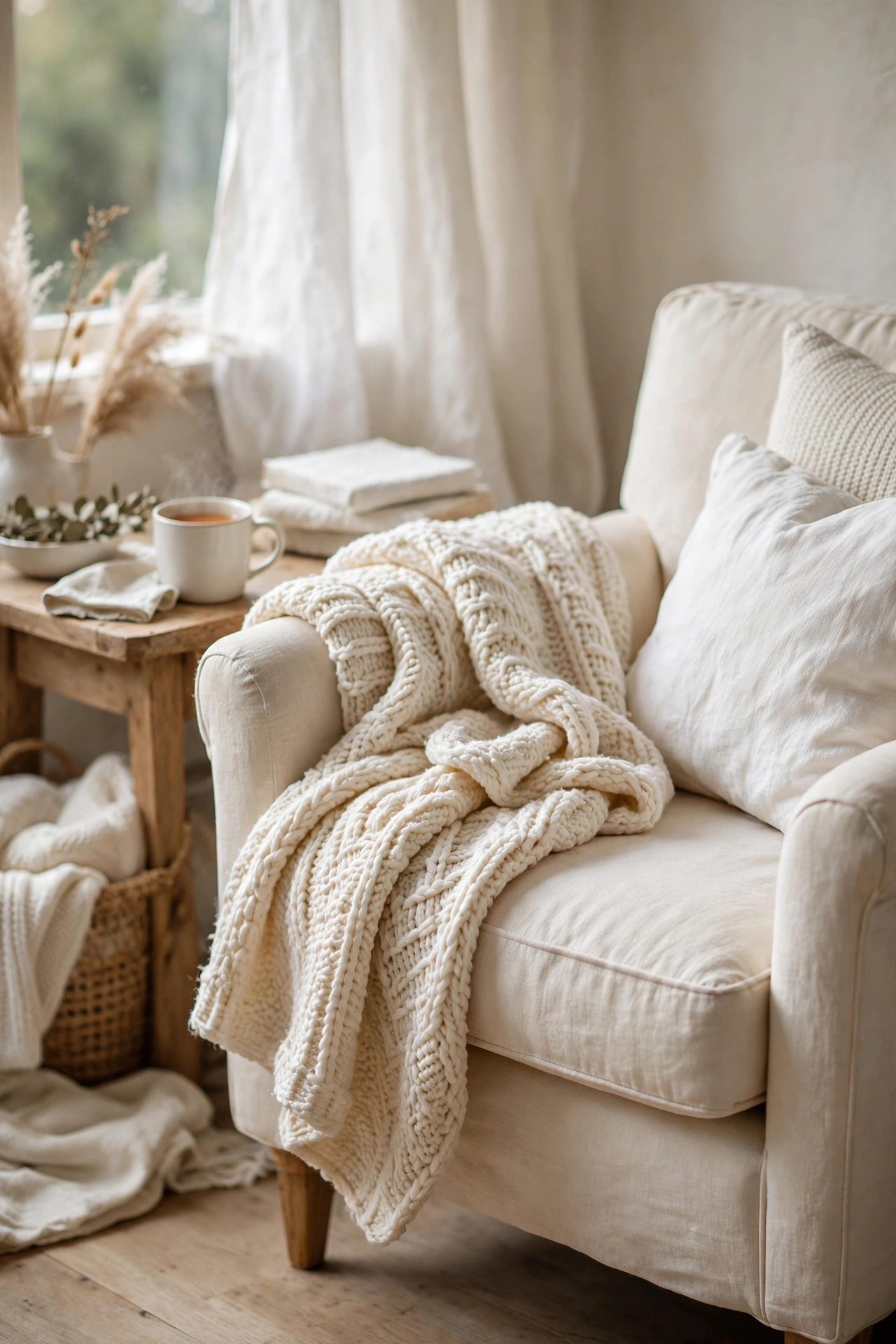 Ivory chunky knit throw folded over a cream armchair