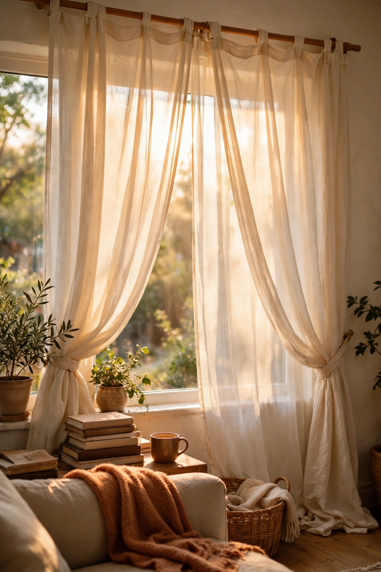 Warm ivory sheer curtains tinting daylight golden in a living room