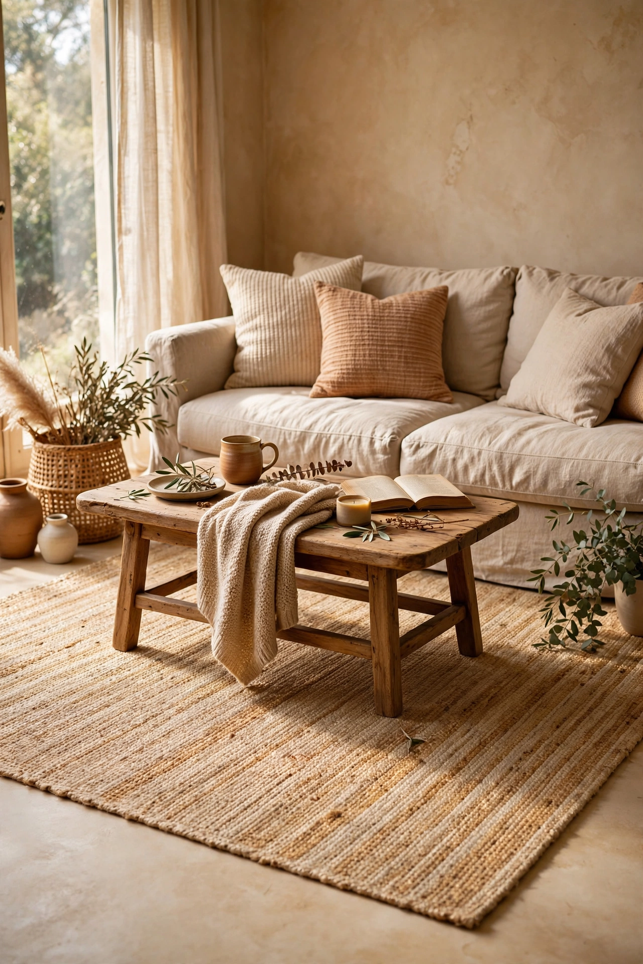 Cream jute 5x7 rug with golden undertones under a living room seating area