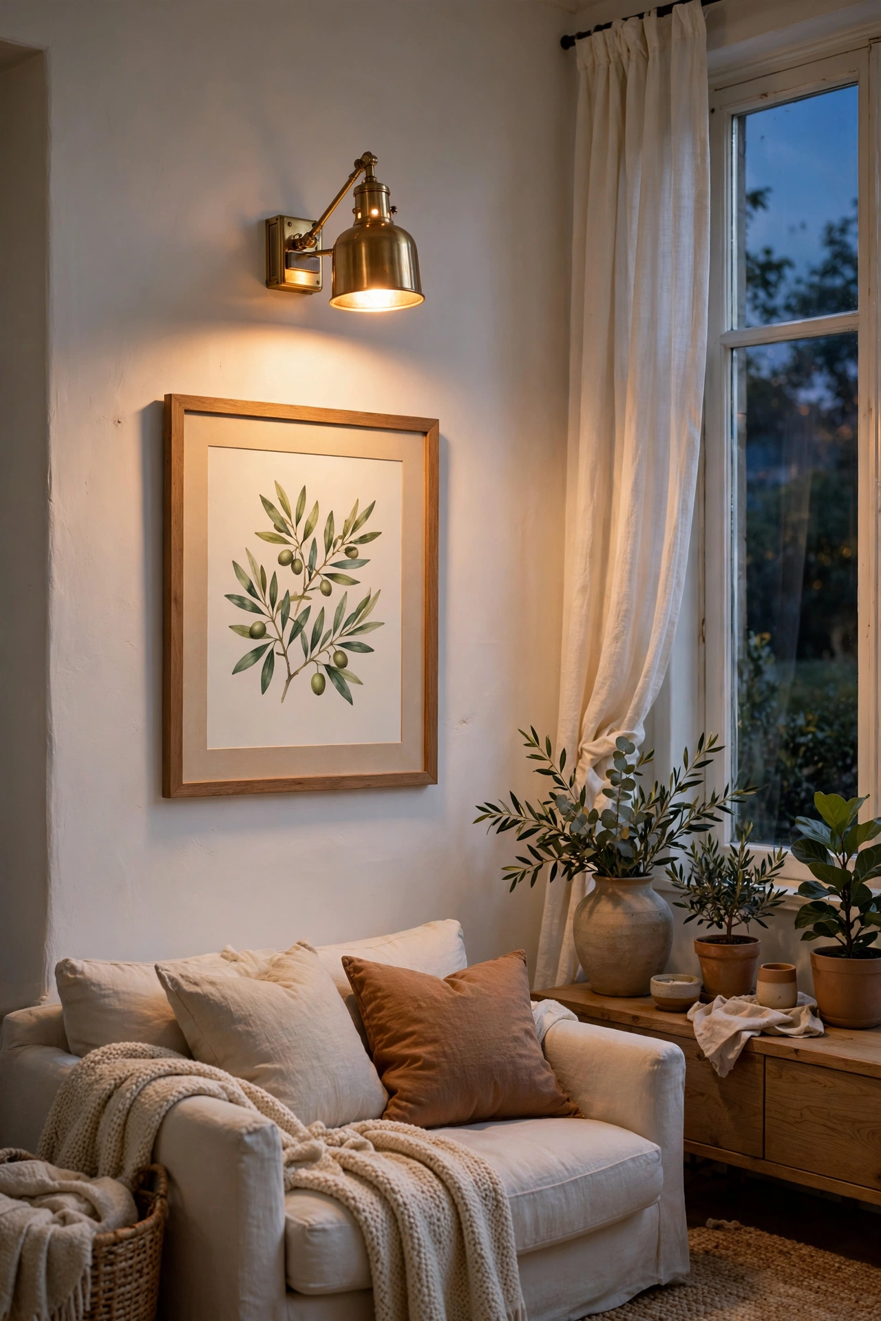 Brass battery picture light glowing warmly over art in a white living room