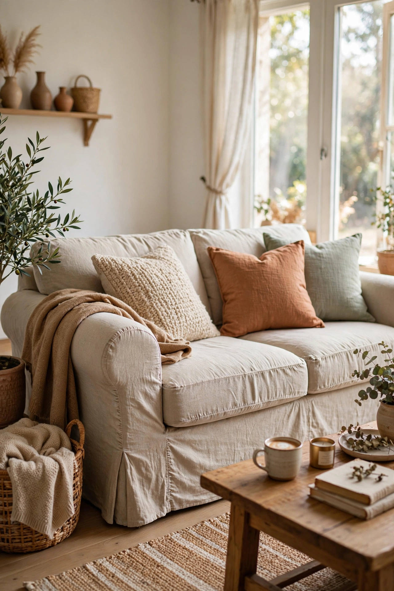 Oatmeal linen slipcover warming a gray sofa in a white living room