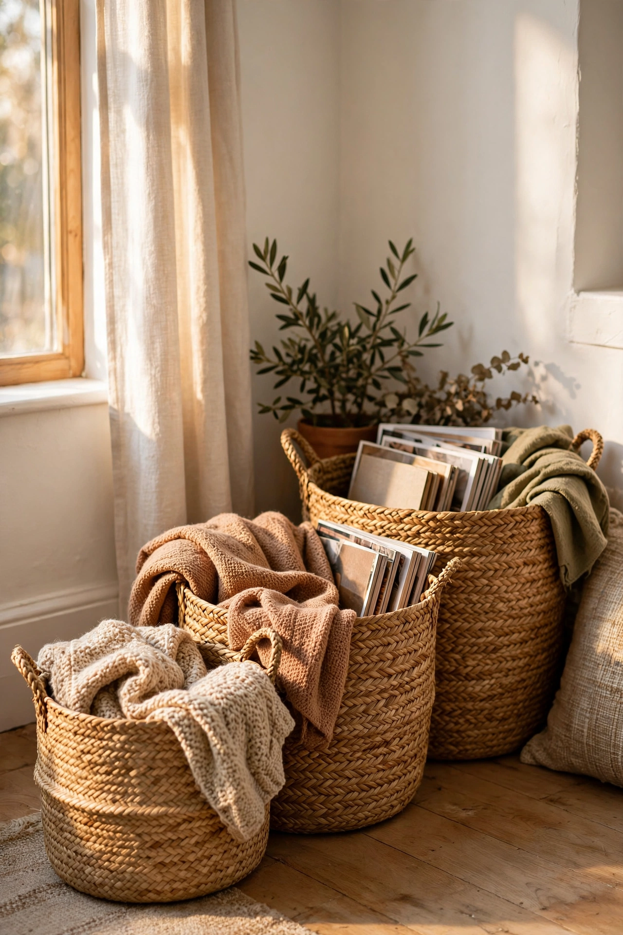 Graduated seagrass baskets adding natural golden texture in a white living room