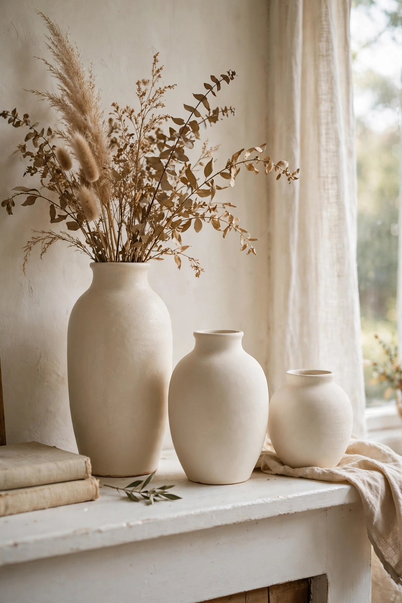 Trio of cream ceramic vases at varied heights on a white living room mantel