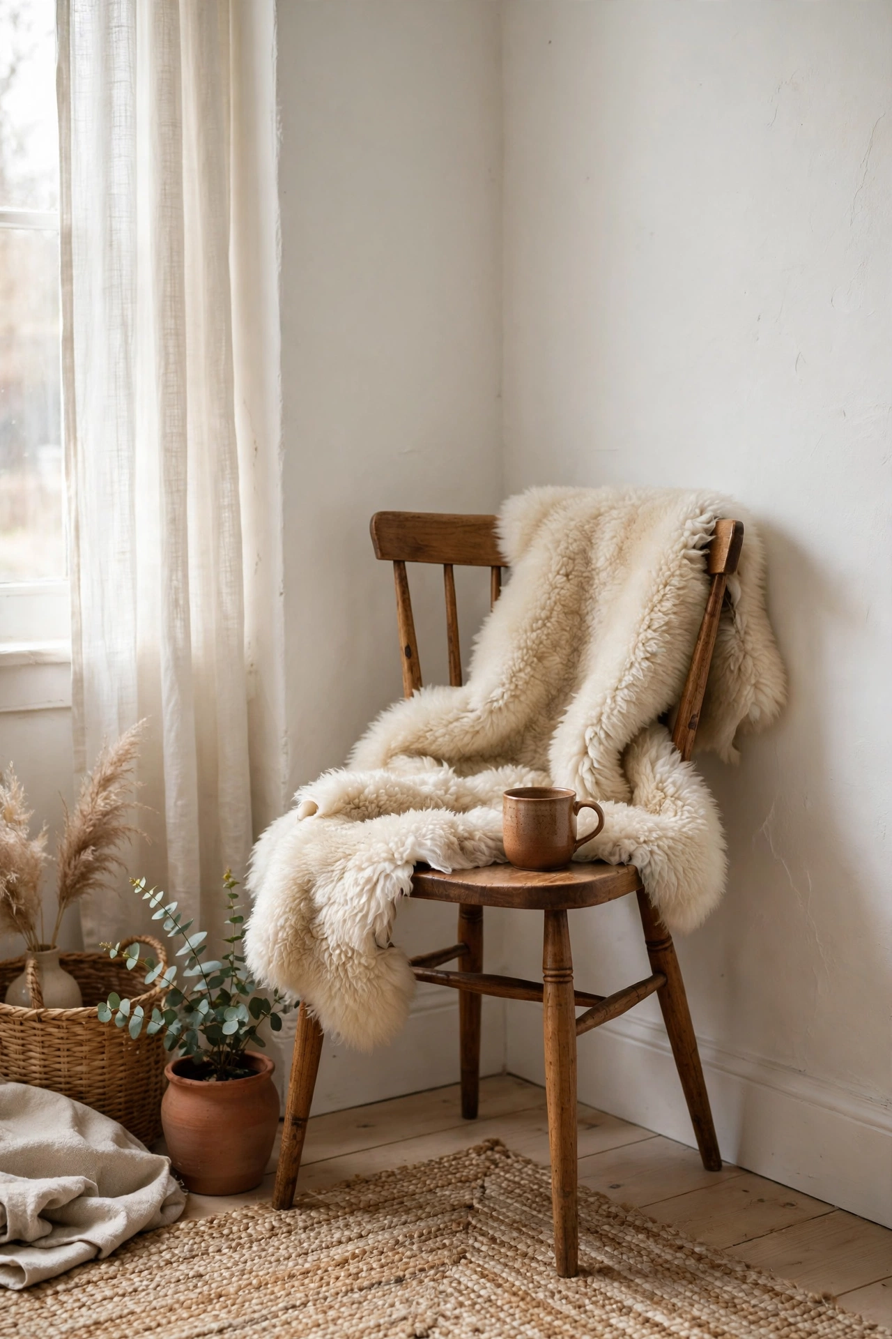 Faux sheepskin draped casually over a chair in a white living room corner