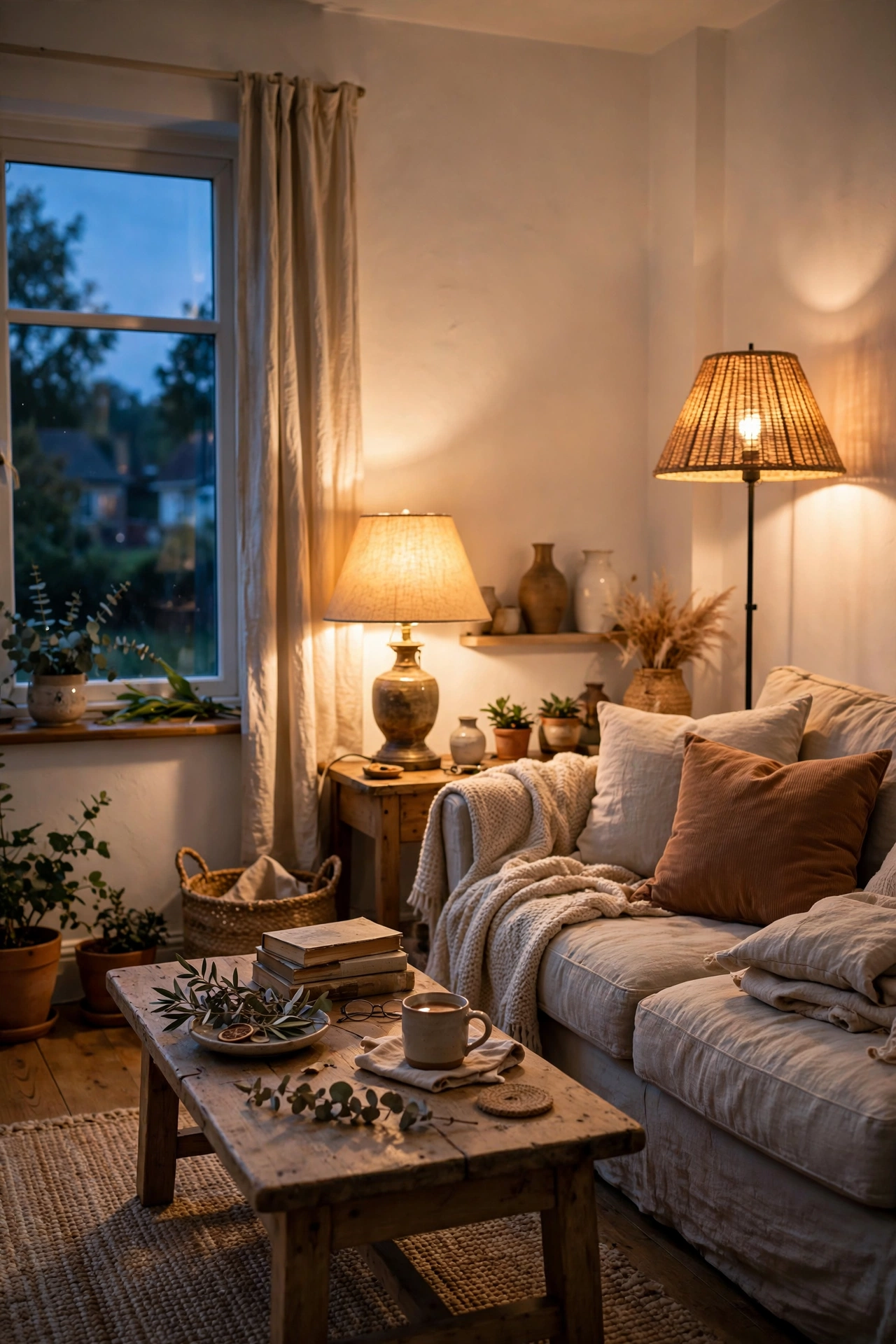 Warm 2700K bulbs glowing in lamps making white walls glow in the evening