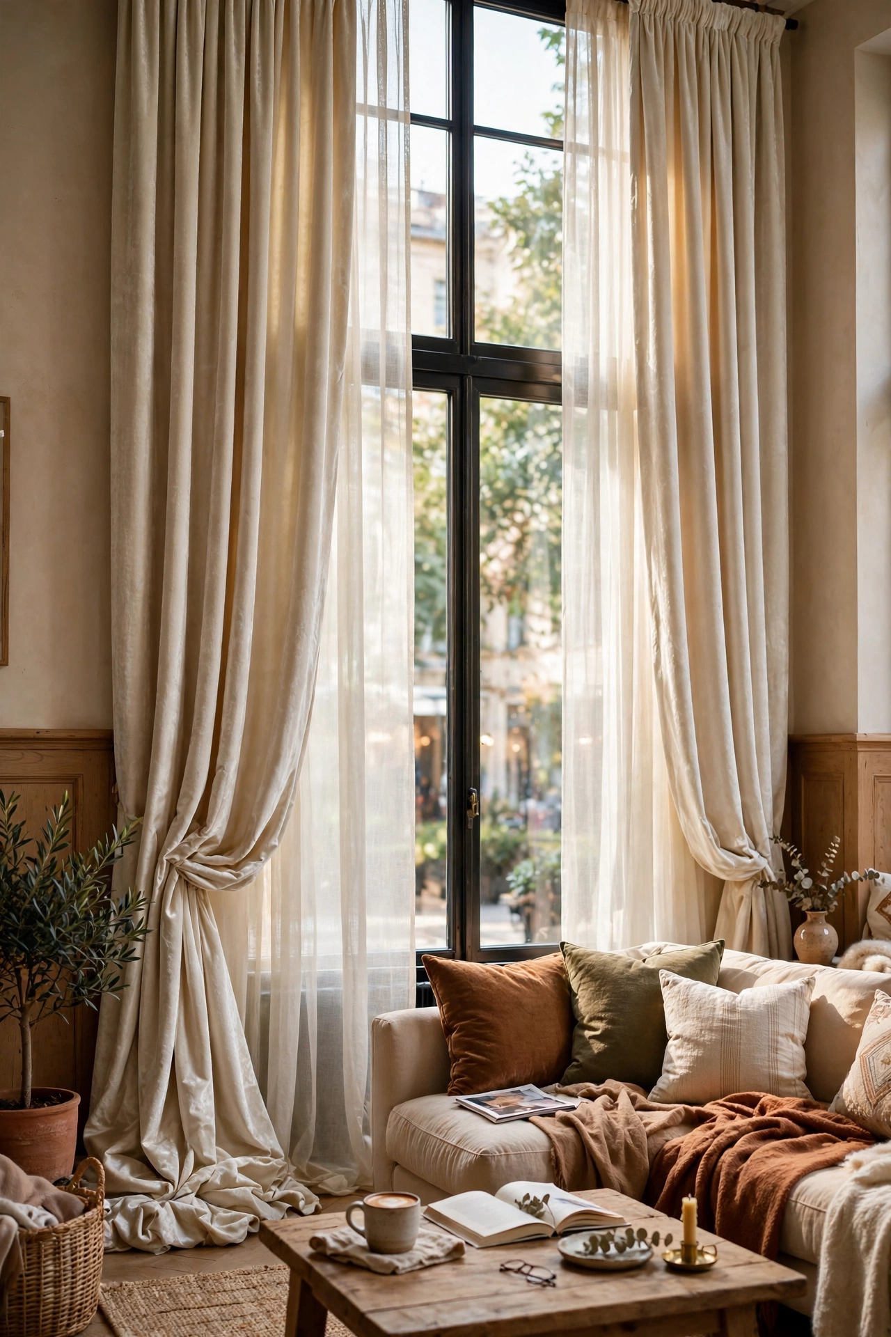 Ivory velvet curtains layered over sheers on a living room window