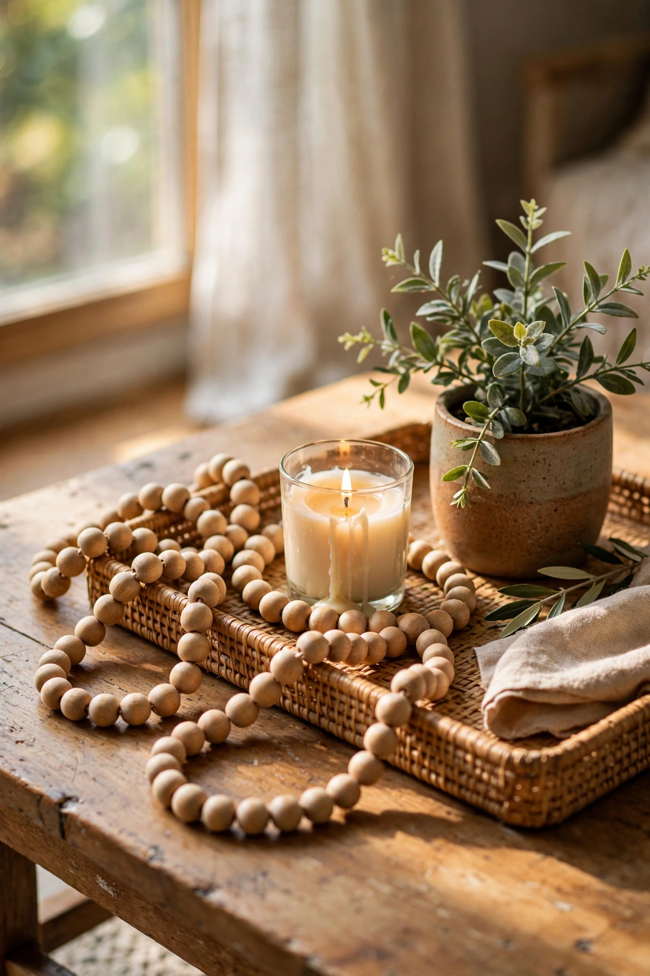 Wooden bead garland looped casually around a candle on a coffee table tray
