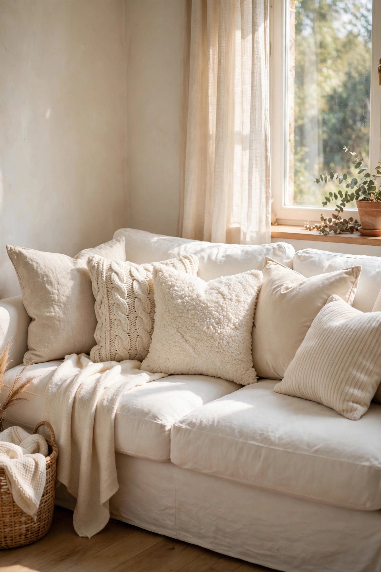 Five cream pillows in mixed textures layered on a white living room sofa