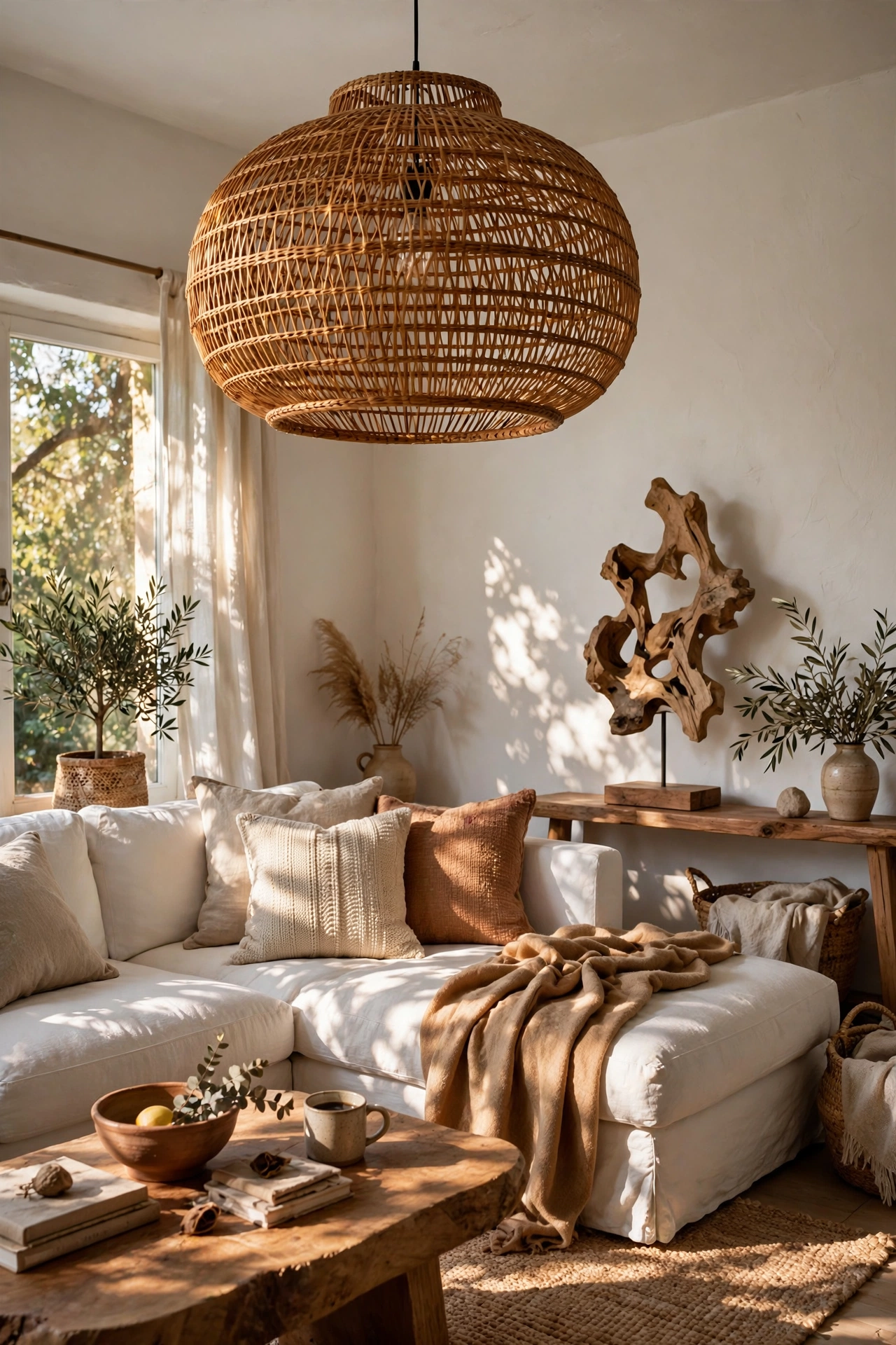 Large rattan pendant shade diffusing warm light over a white living room
