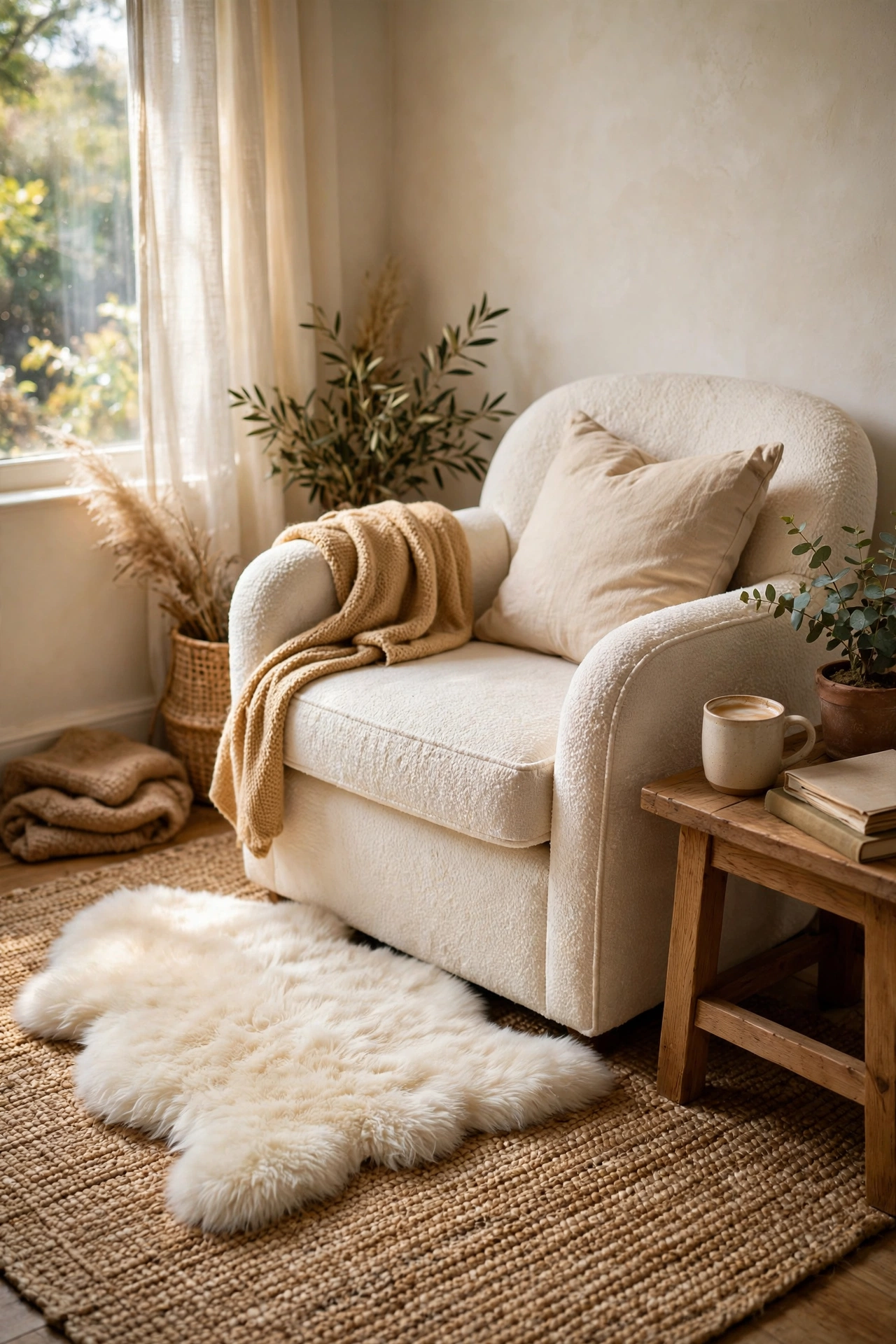 Ivory faux fur rug layered over jute beside a reading chair
