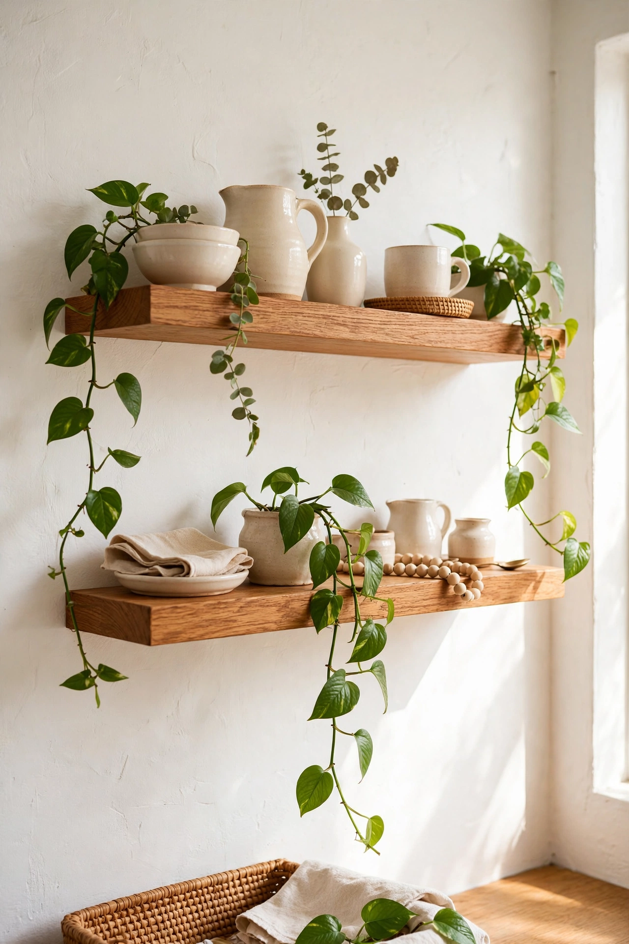 Warm oak floating shelves with cream ceramics on a white living room wall