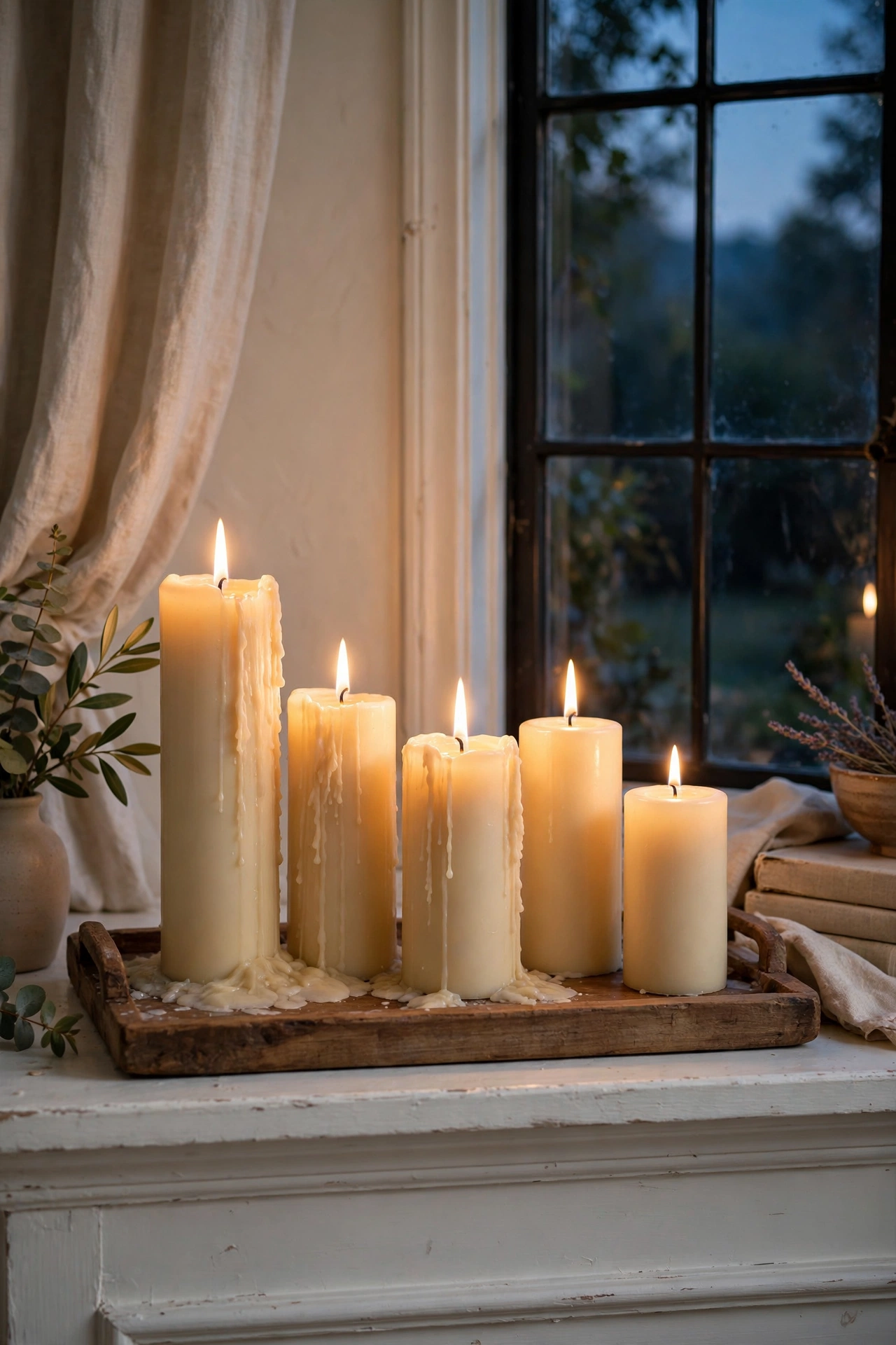 Cluster of cream pillar candles glowing on a wooden tray on a mantel