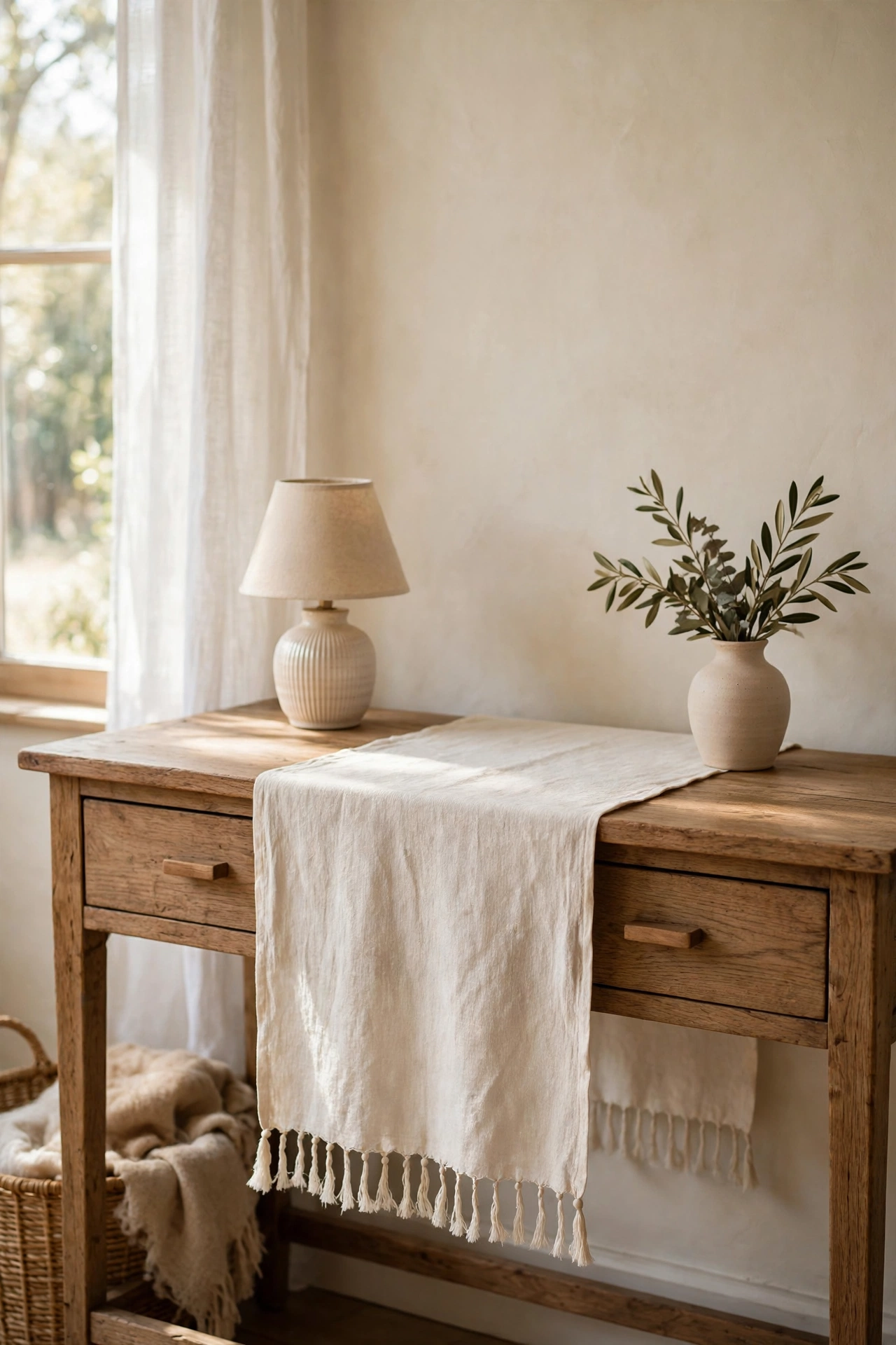 Ivory linen table runner centered on a wooden console table with a lamp