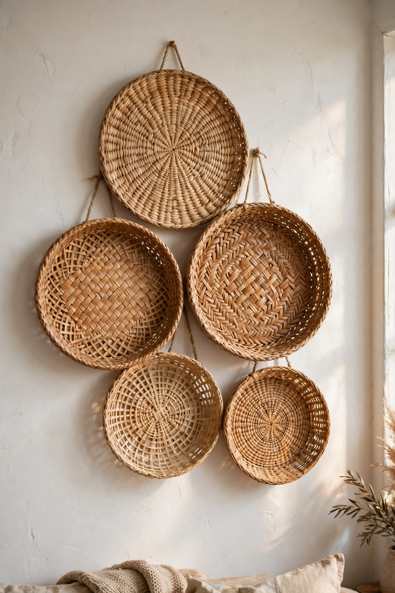 Organic cluster of flat woven baskets on a white living room wall