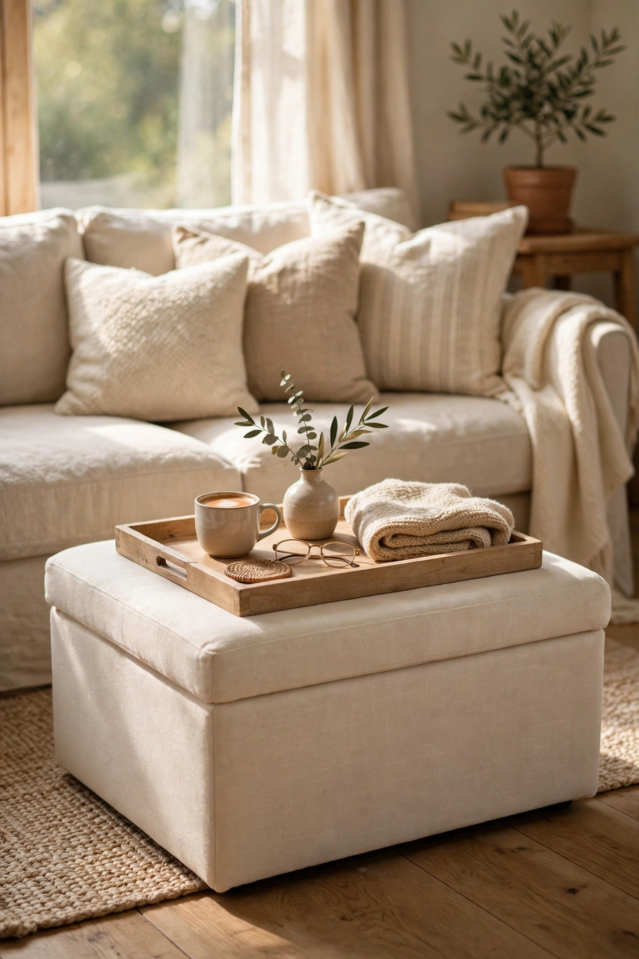 Cream storage ottoman with a wooden tray serving as a coffee table
