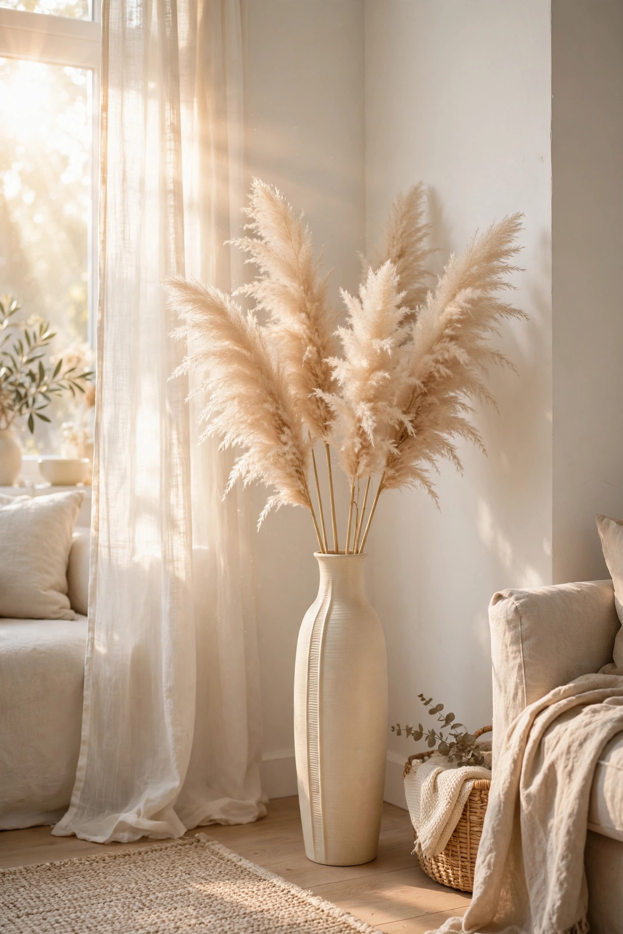 Dried pampas grass plumes in a tall cream vase in a white living room corner