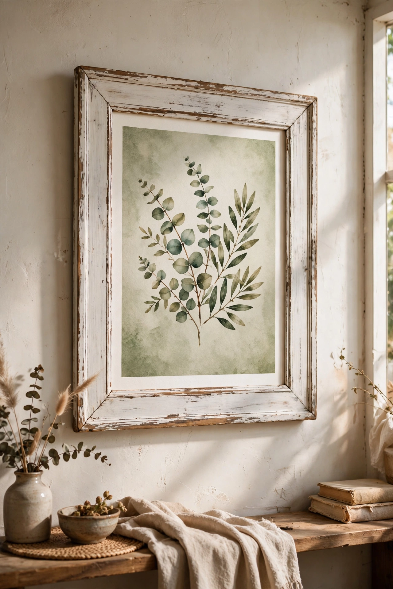 Thrifted wood frame whitewashed around a favorite art print