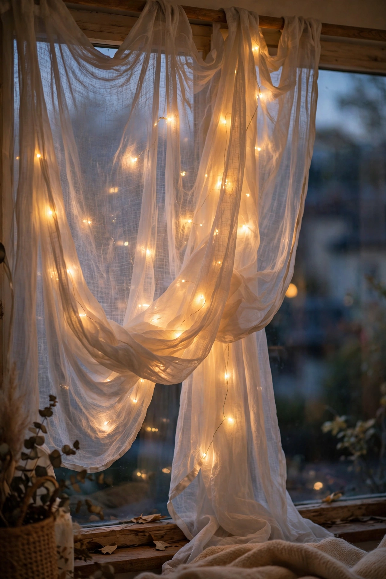 Warm fairy lights woven through sheer curtains glowing like lanterns