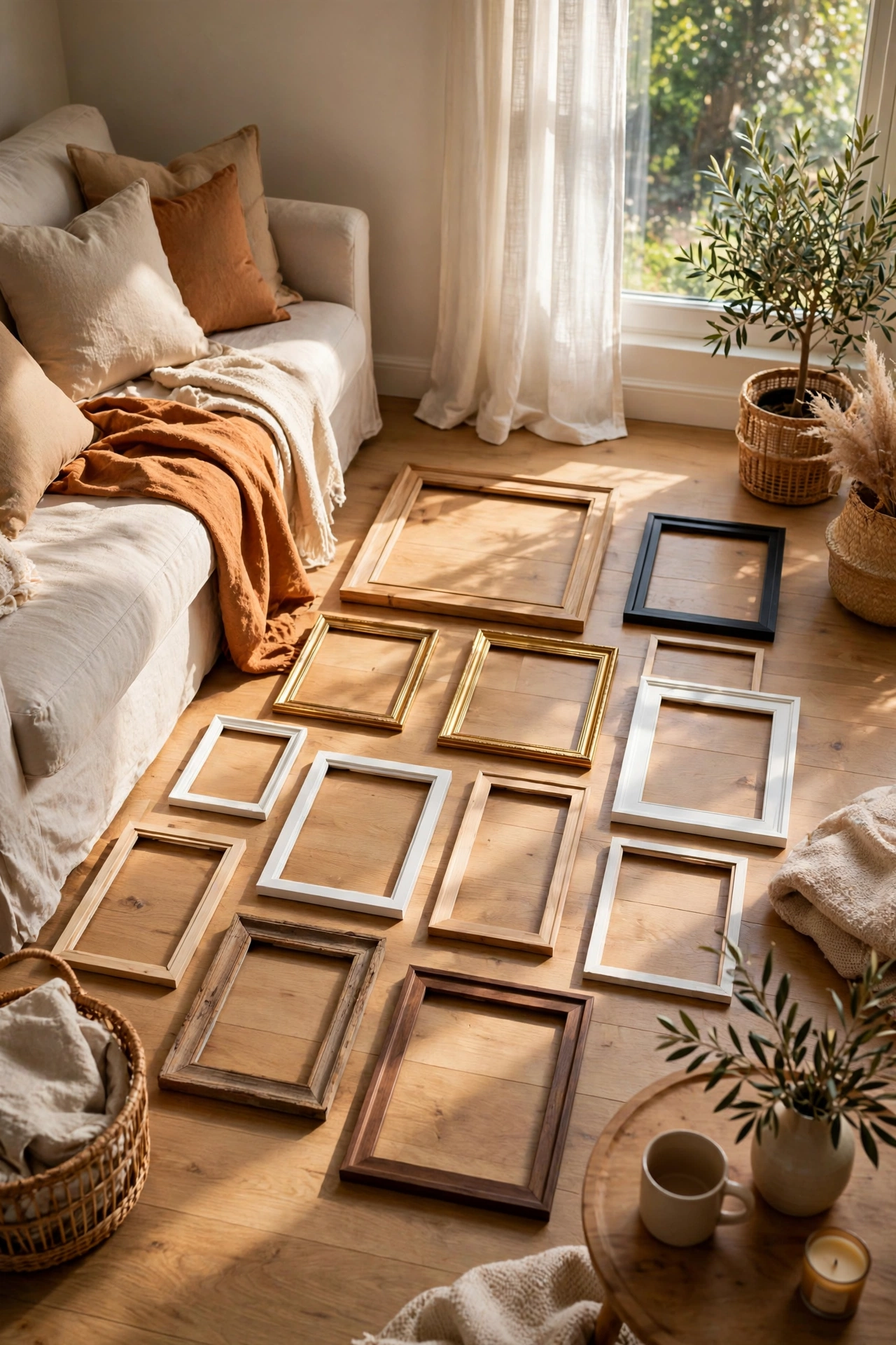 Gallery wall layout planned on the floor before hanging in a living room