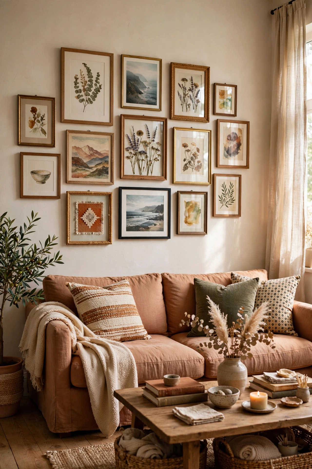 Collected gallery wall built from frames gathered from every room of the house