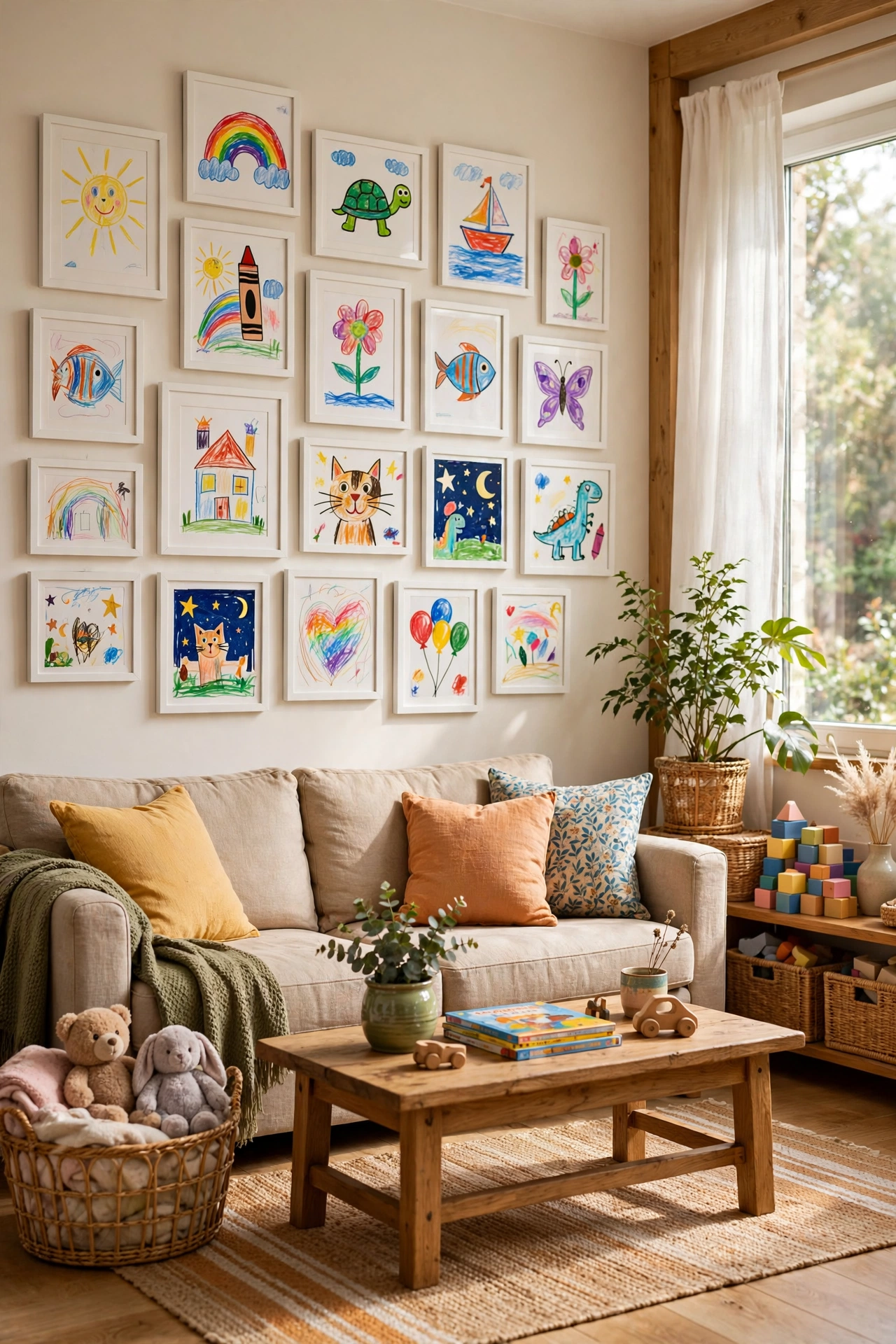 Kids artwork framed in matching white frames as a sweet living room gallery wall