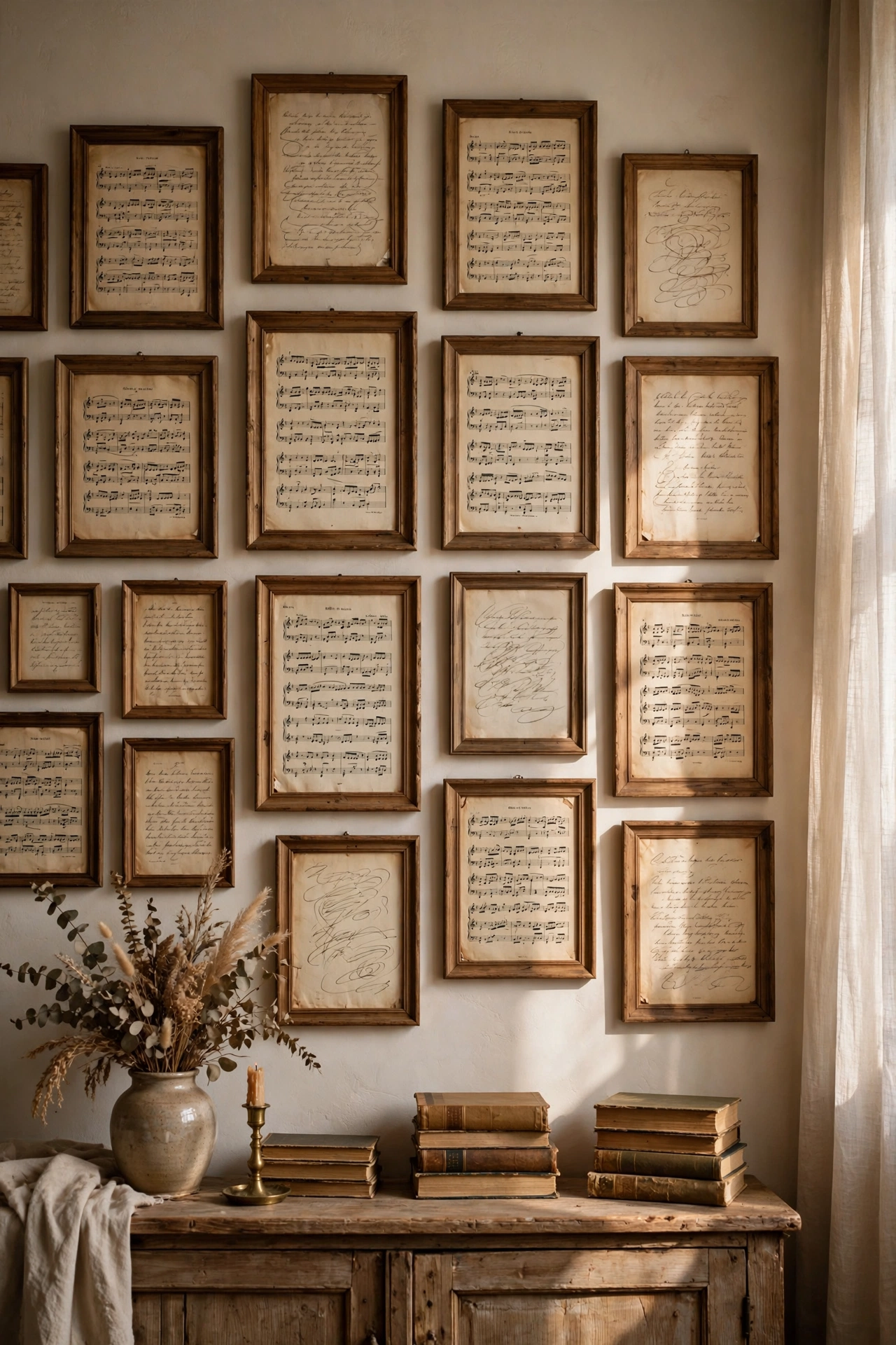 Framed vintage book pages and sheet music as elegant gallery wall art