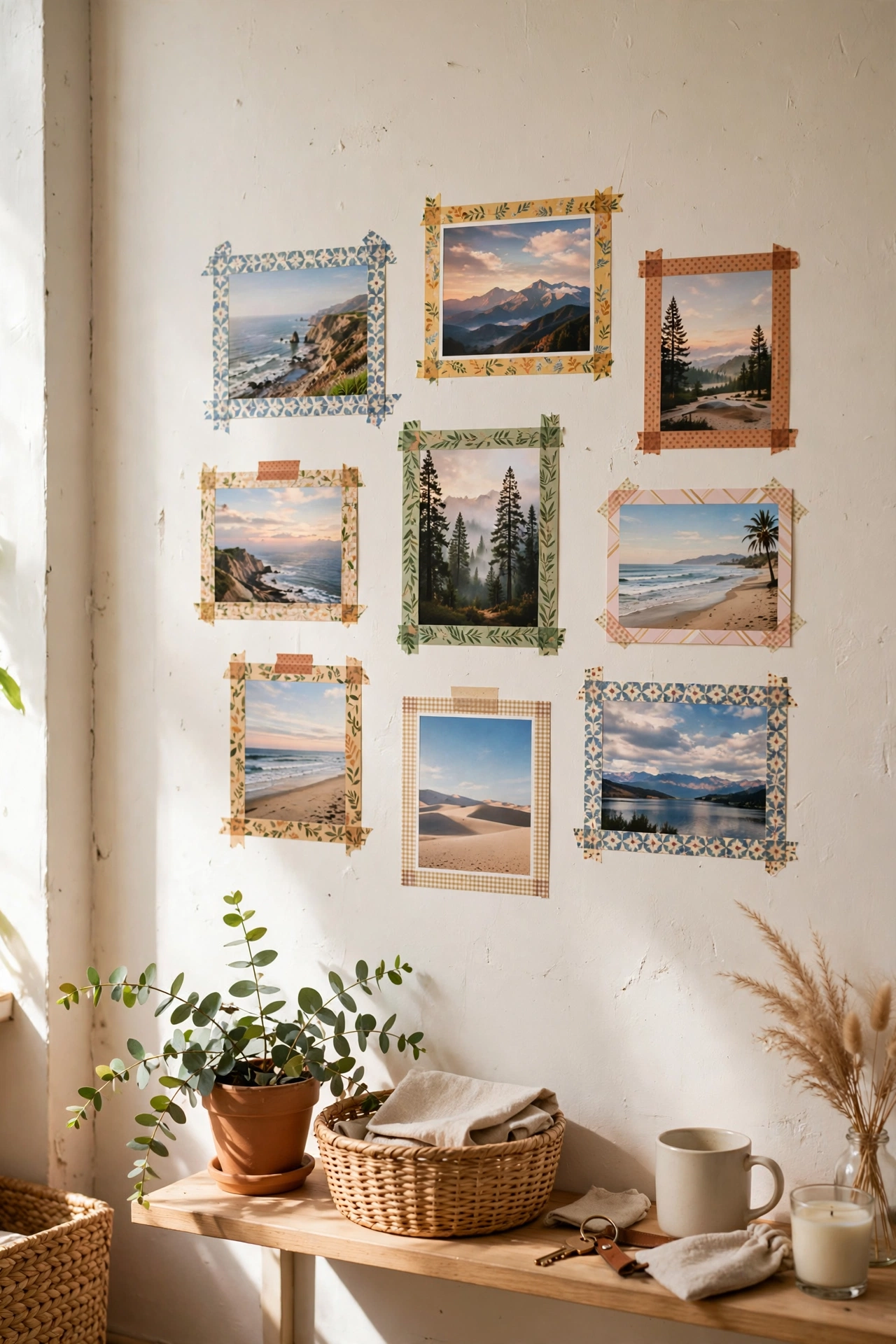 Travel postcards mounted with washi tape borders as a renter-friendly gallery wall