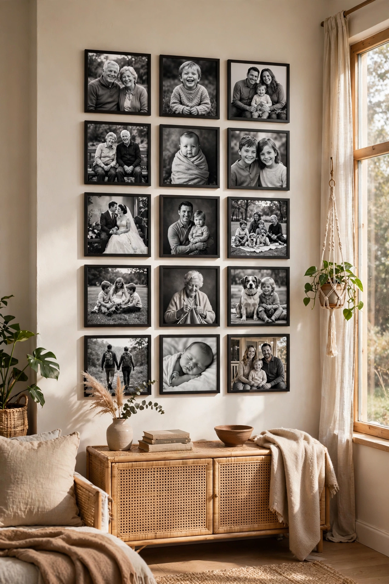 Precise grid of black and white family photos printed cheaply for a gallery wall