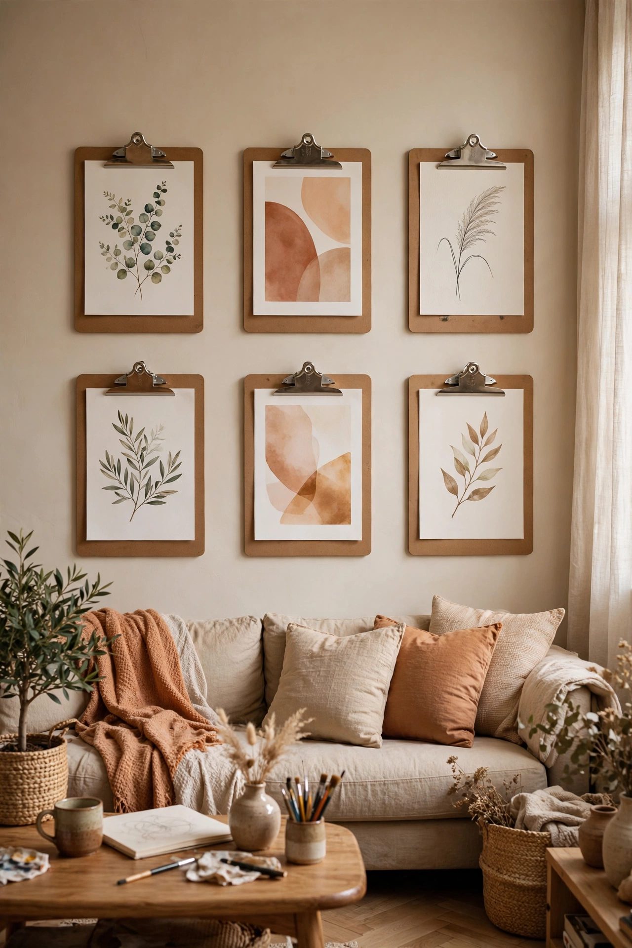 Wooden clipboards hung in rows holding swappable art prints on a living room wall