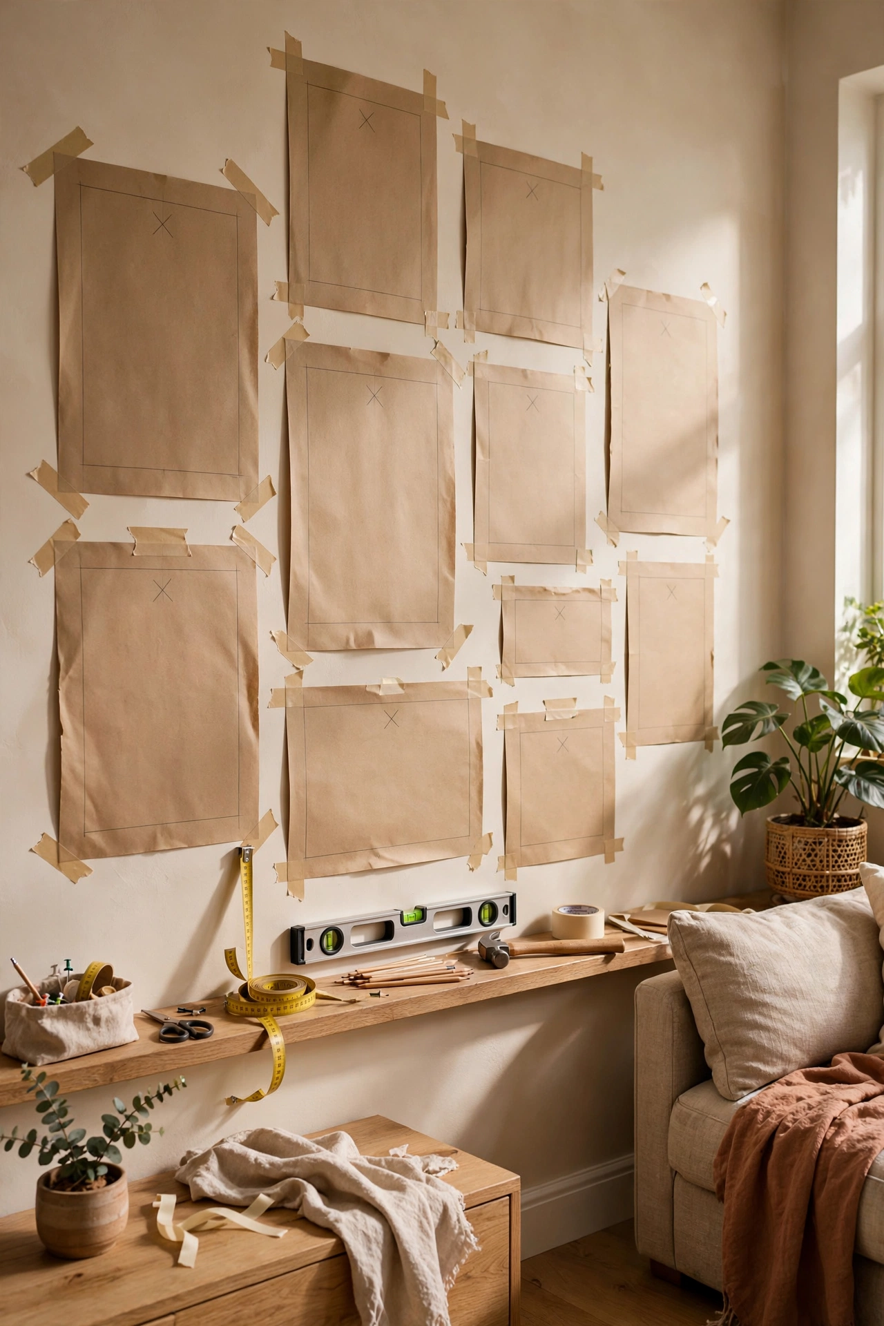 Kraft paper templates taped to a wall for planning a perfect gallery wall layout