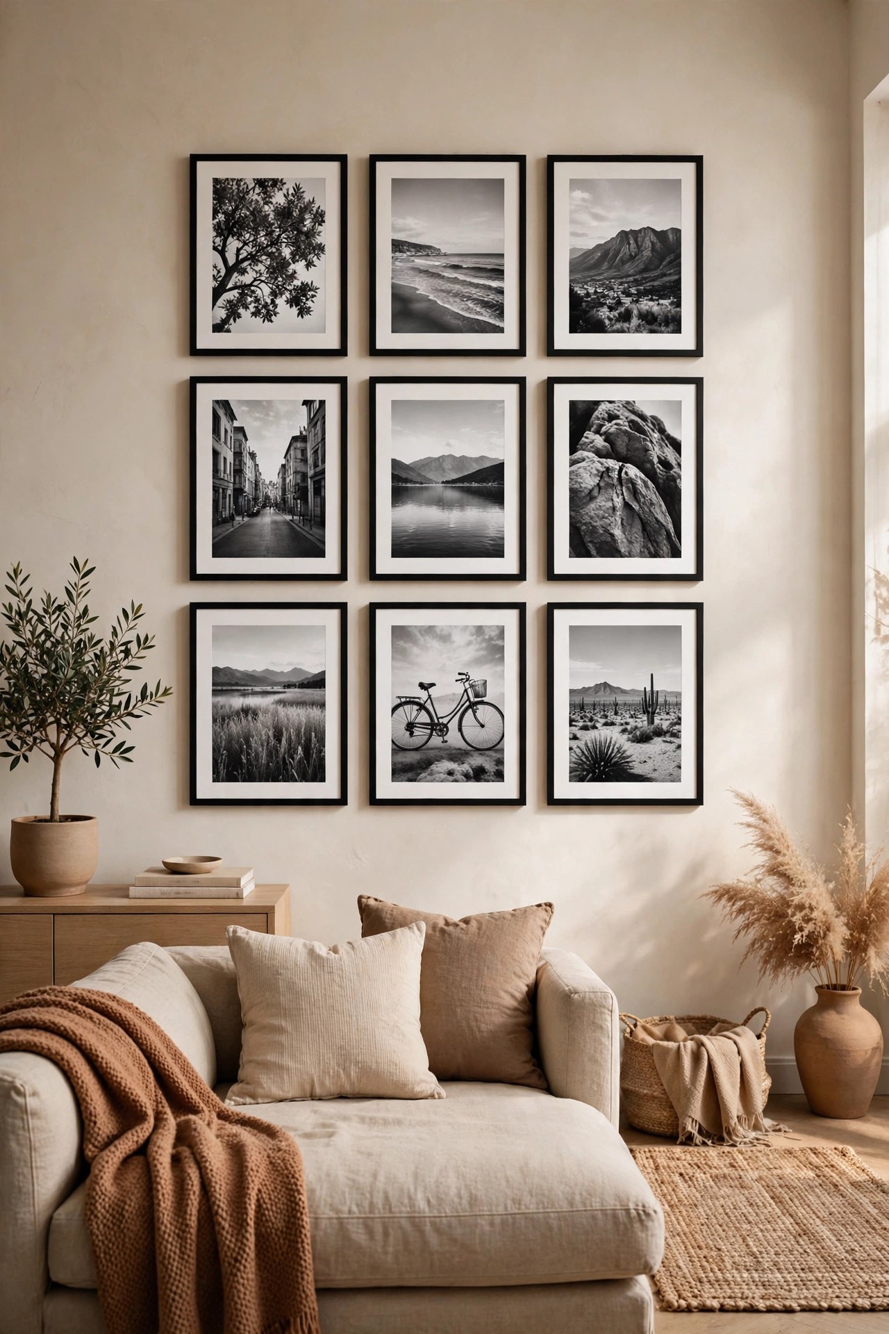 Nine identical black dollar store frames in a tight grid with black and white photos