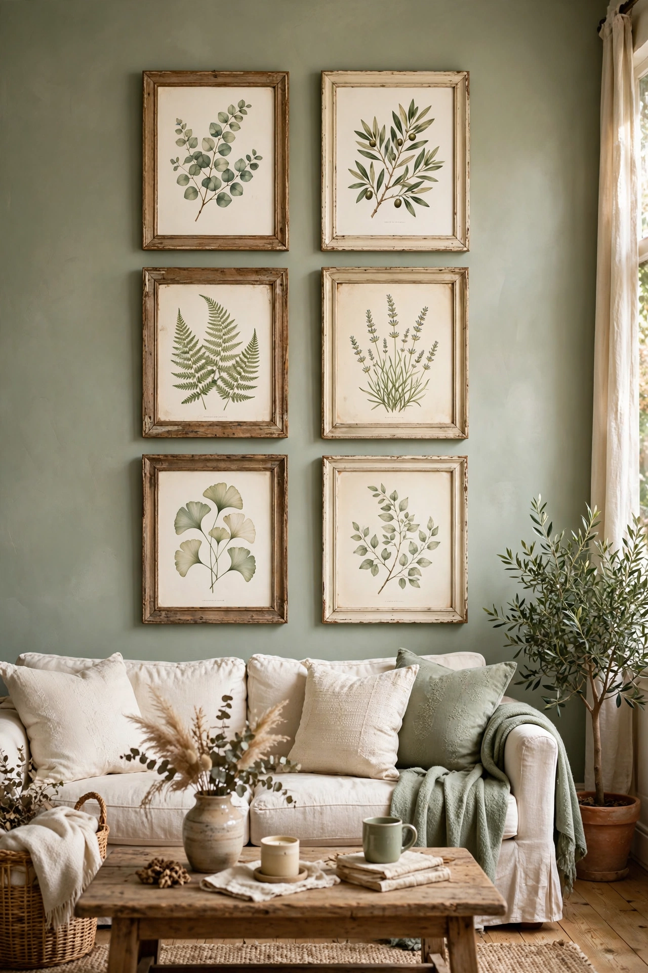 Coordinated set of free printable botanical art in a sage and cream gallery wall
