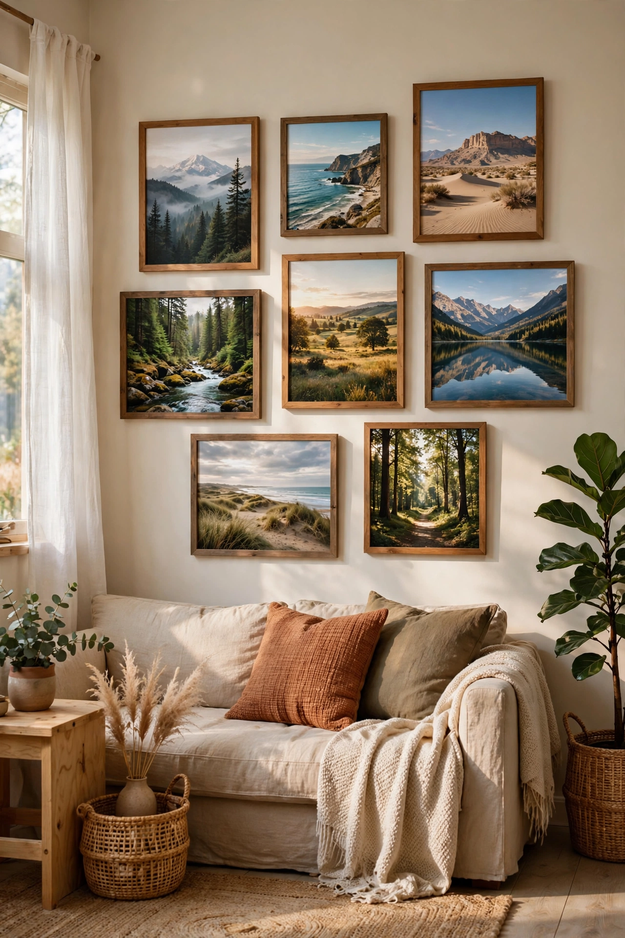 Framed national parks calendar pages as a travel gallery wall in a living room