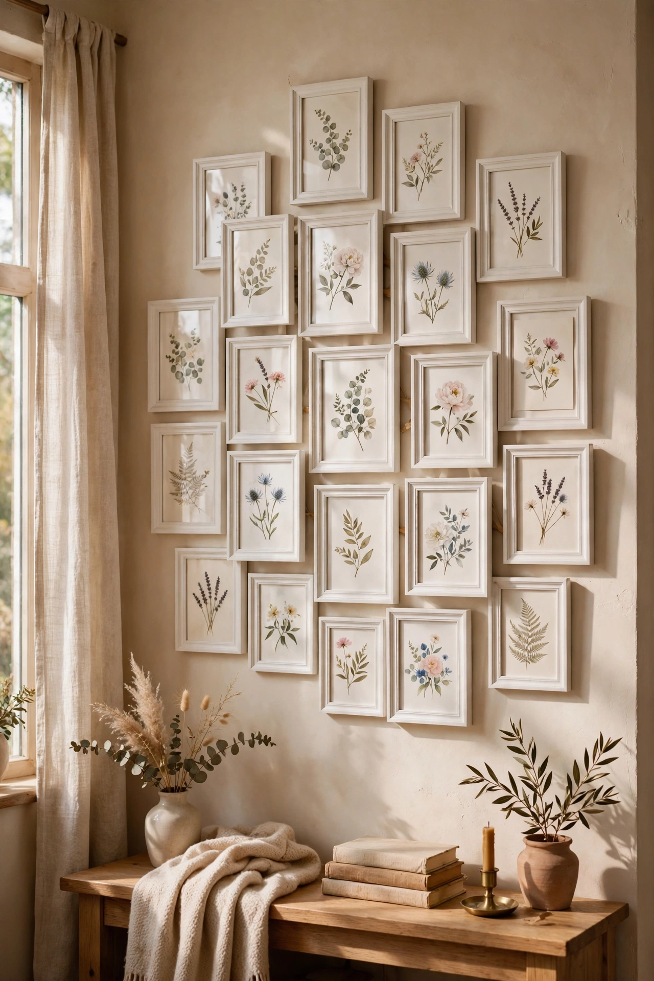 Pretty saved greeting cards framed in matching frames as a personal gallery wall